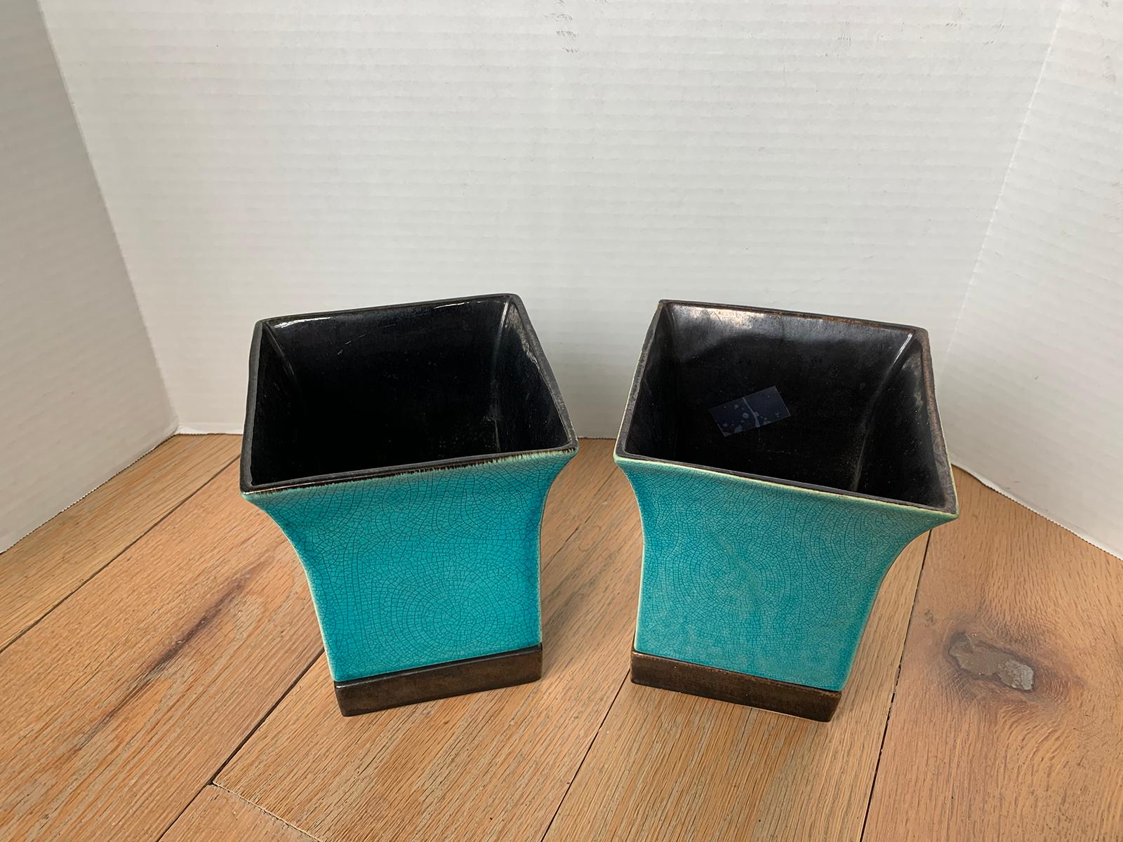 American Pair of Red Wing Pottery Turquoise Blue Square Glazed Pottery Vases, Marked