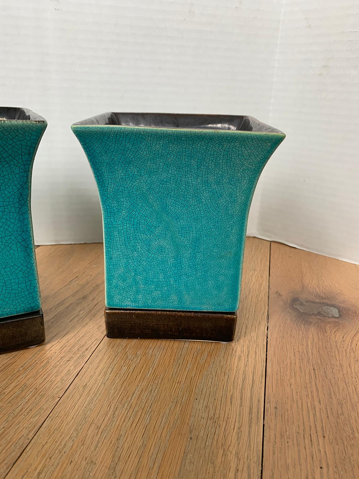 Pair of Red Wing Pottery Turquoise Blue Square Glazed Pottery Vases, Marked 1