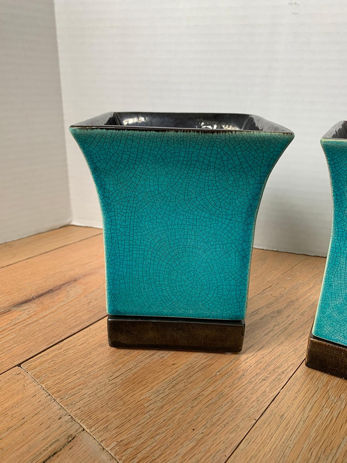 Pair of Red Wing Pottery Turquoise Blue Square Glazed Pottery Vases, Marked 2