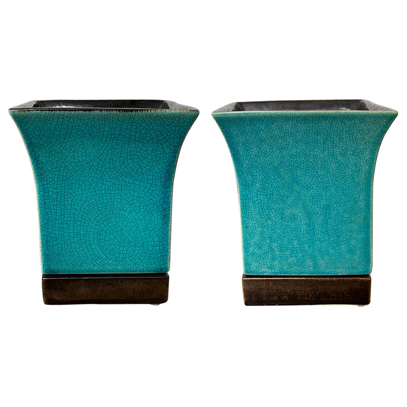 Pair of Red Wing Pottery Turquoise Blue Square Glazed Pottery Vases, Marked