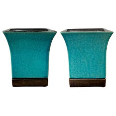 Antique Pair of Red Wing Pottery Turquoise Blue Square Glazed Pottery Vases, Marked