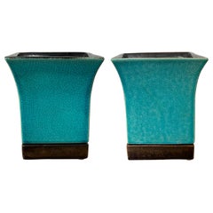 Pair of Red Wing Pottery Turquoise Blue Square Glazed Pottery Vases, Marked