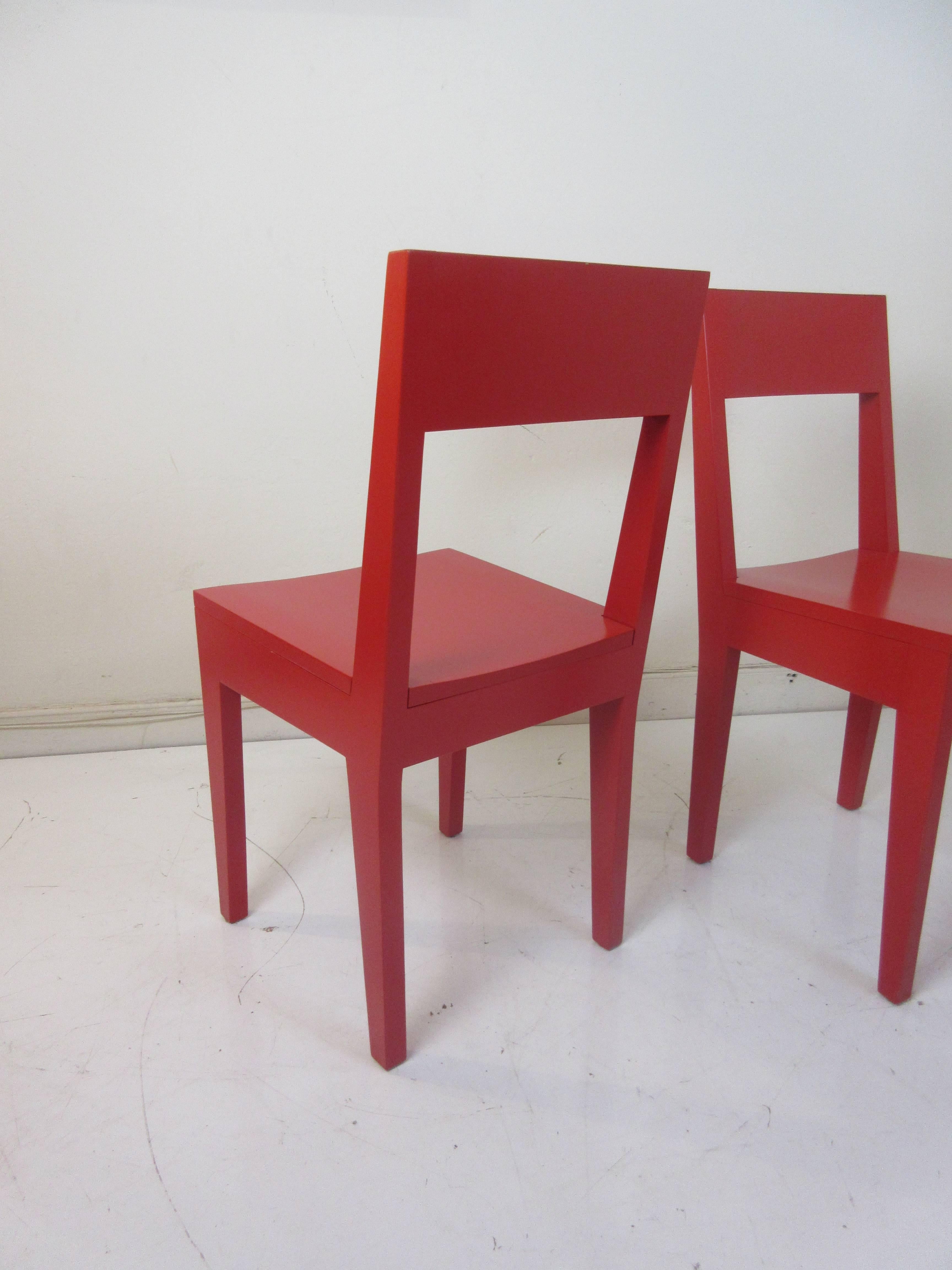 Modern Pair of Red Wood Chairs