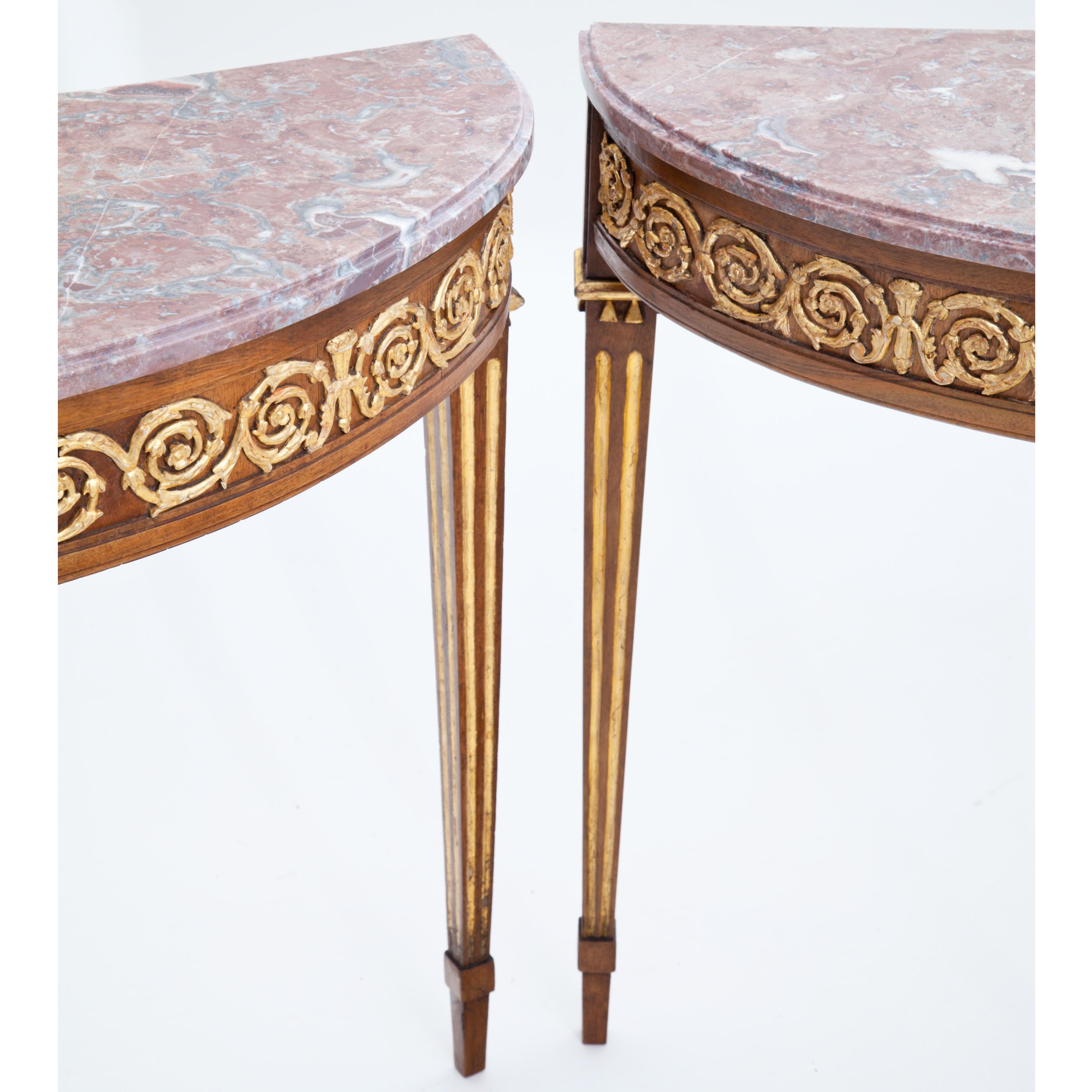 18th Century and Earlier Pair of Redesigned 18th Century Demilune Consoles with Marble Tops 21st Century