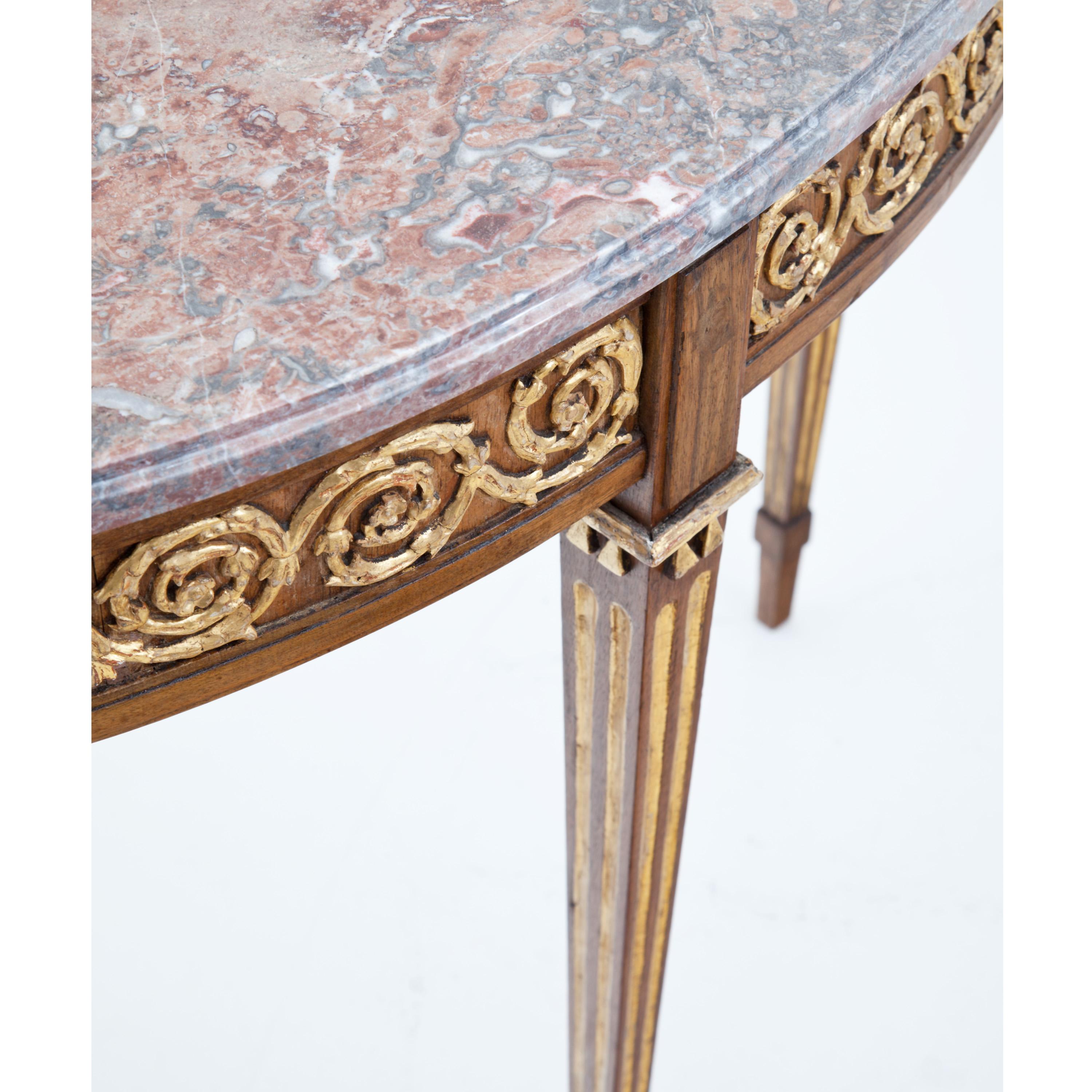 Pair of Redesigned 18th Century Demilune Consoles with Marble Tops 21st Century 1