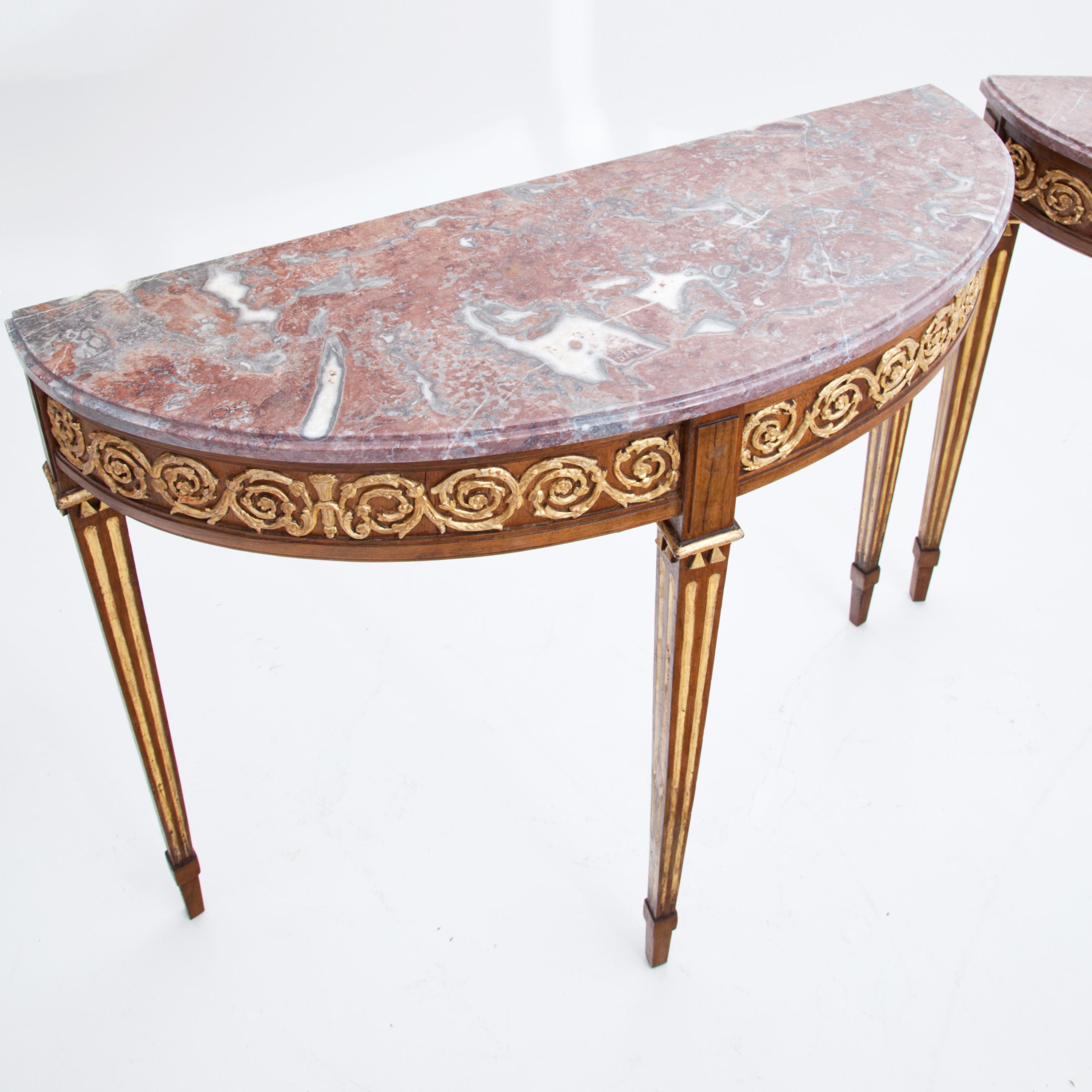 Pair of Redesigned 18th Century Demilune Consoles with Marble Tops 21st Century 3