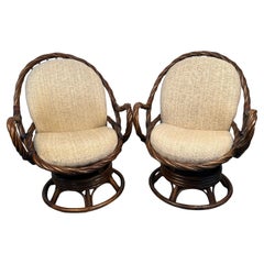 Coppia di sedie girevoli in giunco e bambù