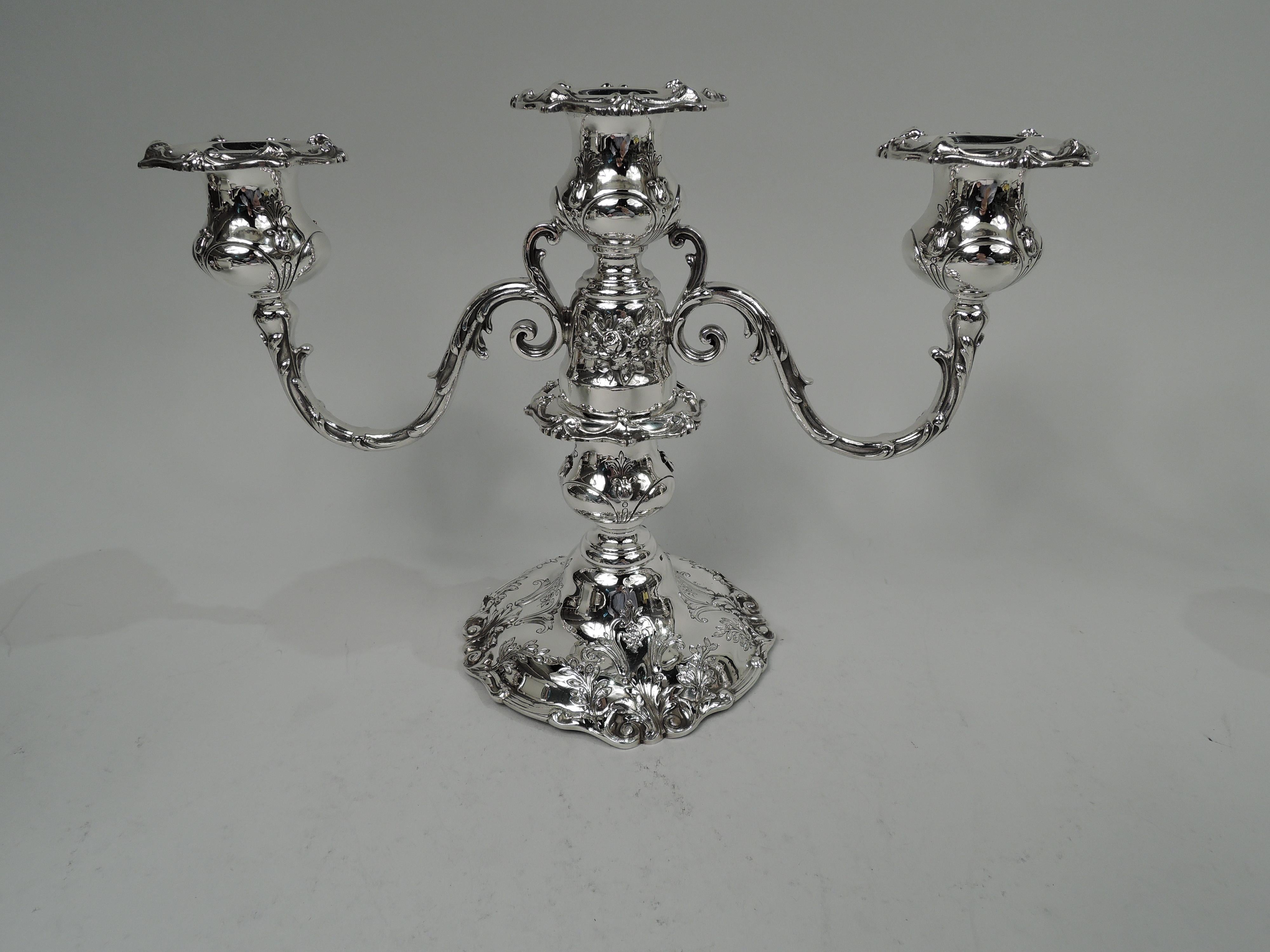 Renaissance Revival Pair of Reed & Barton Francis I Low 3-Light Candelabra, 1952 For Sale