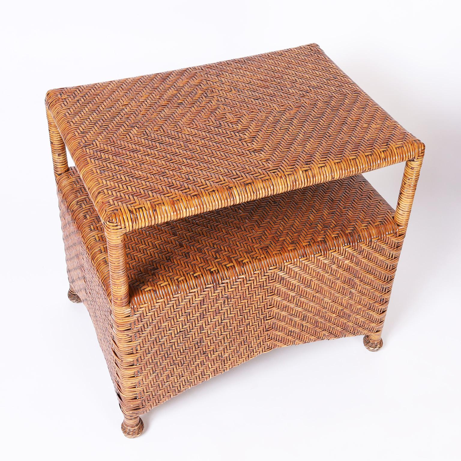 Hand-Woven Pair of Reed Wrapped End Tables or Stands