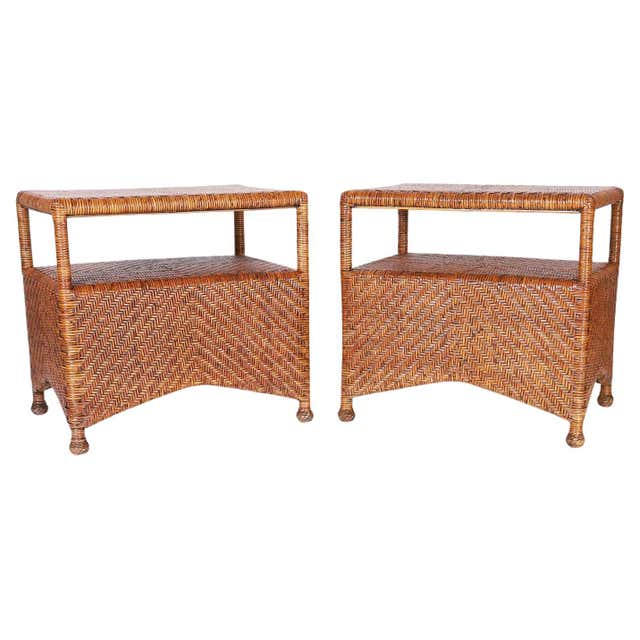 Pencil Reed Rattan and Glass End or Side Tables, a Pair For Sale at 1stDibs