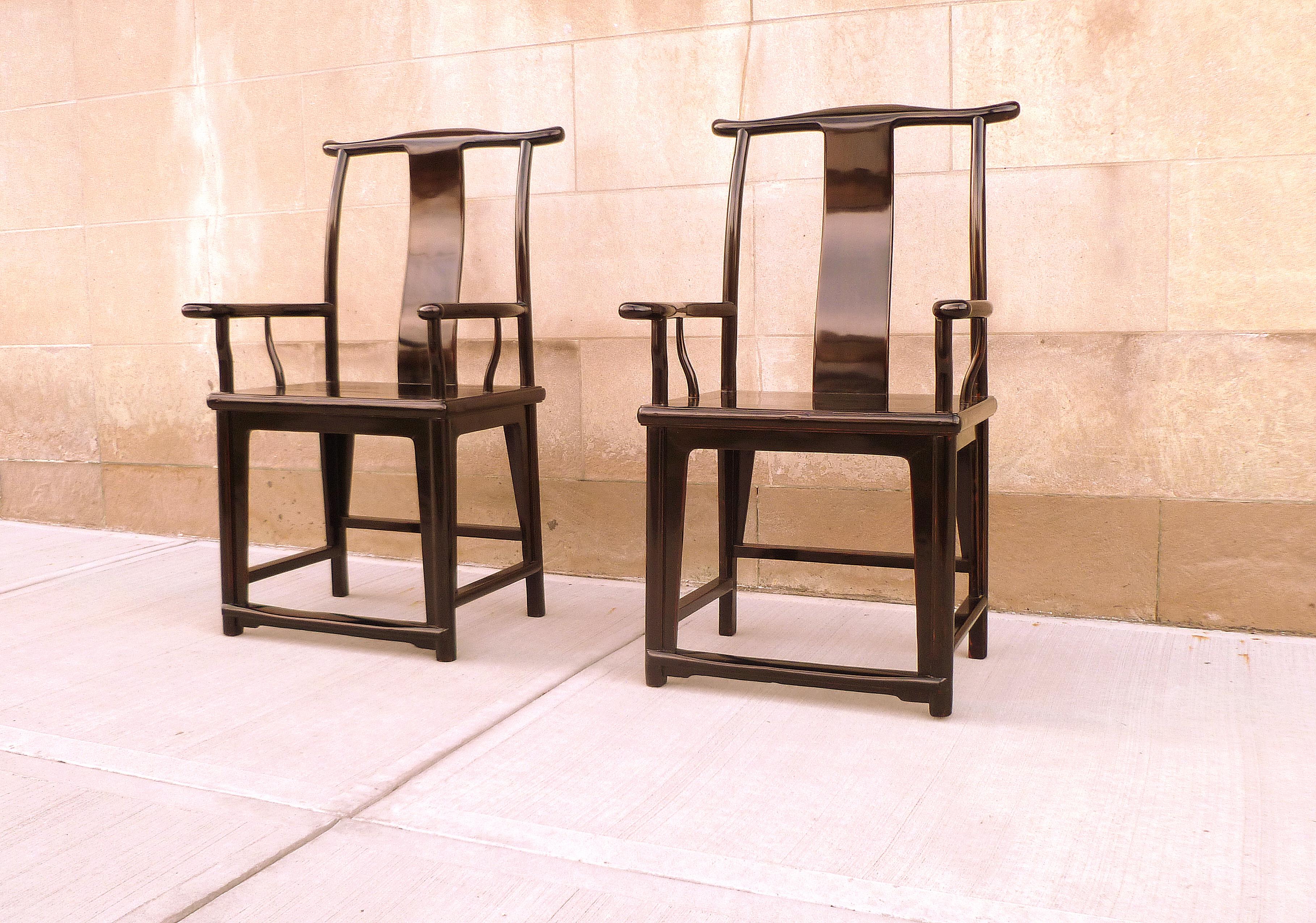 Polished Pair of Refine Black Lacquer Armchairs