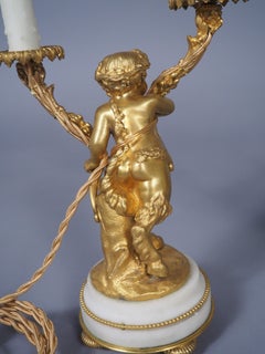 Pair of Refined C. 1850 Louis XVI Style Gilt Bronze and Marble Candelabra Lamps