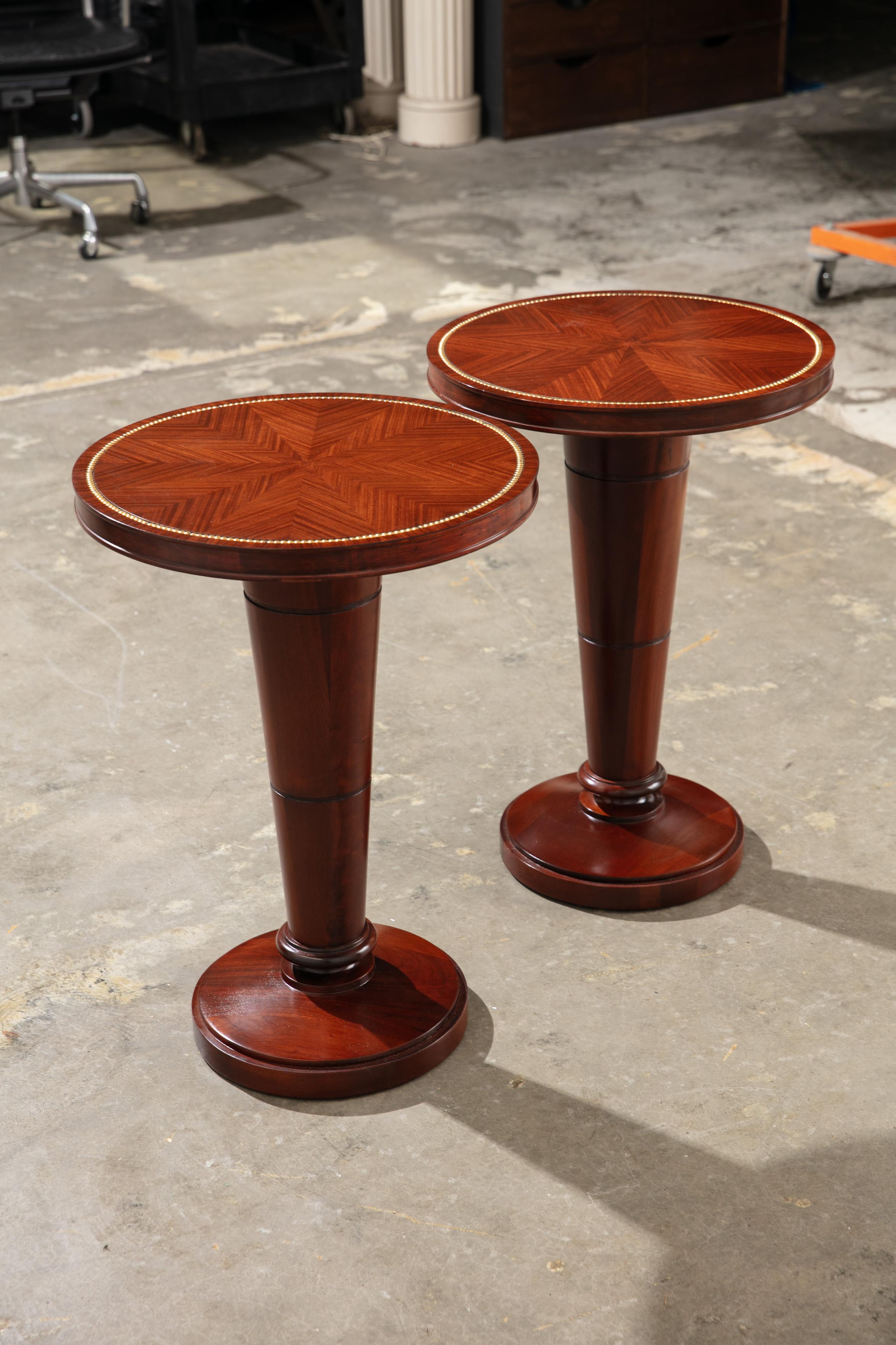 Pair of Refinished 1940's Mahogany Gueridons/Side Tables with Bead Inlay For Sale 6