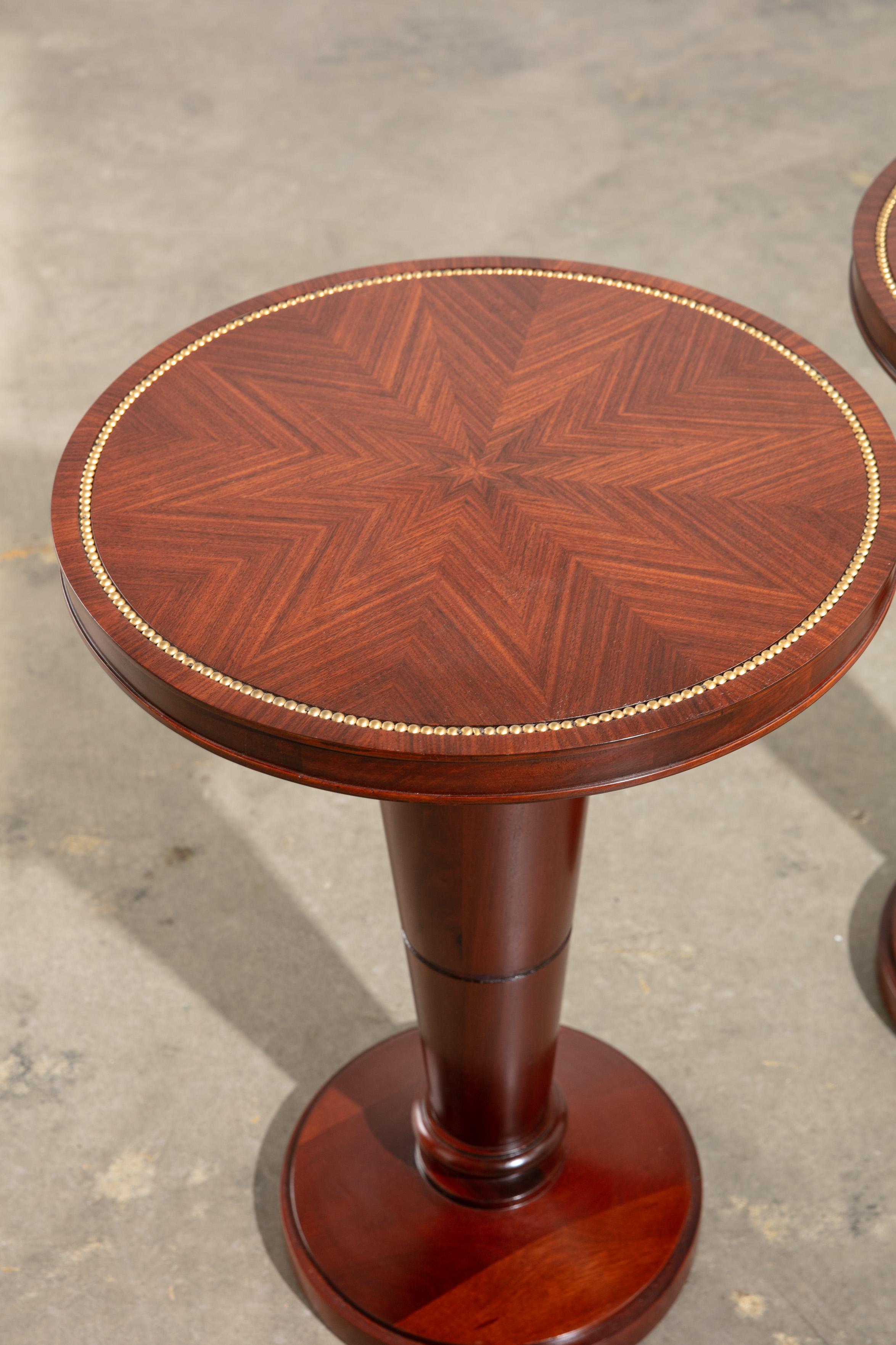 Art Deco Pair of Refinished 1940's Mahogany Gueridons/Side Tables with Bead Inlay For Sale