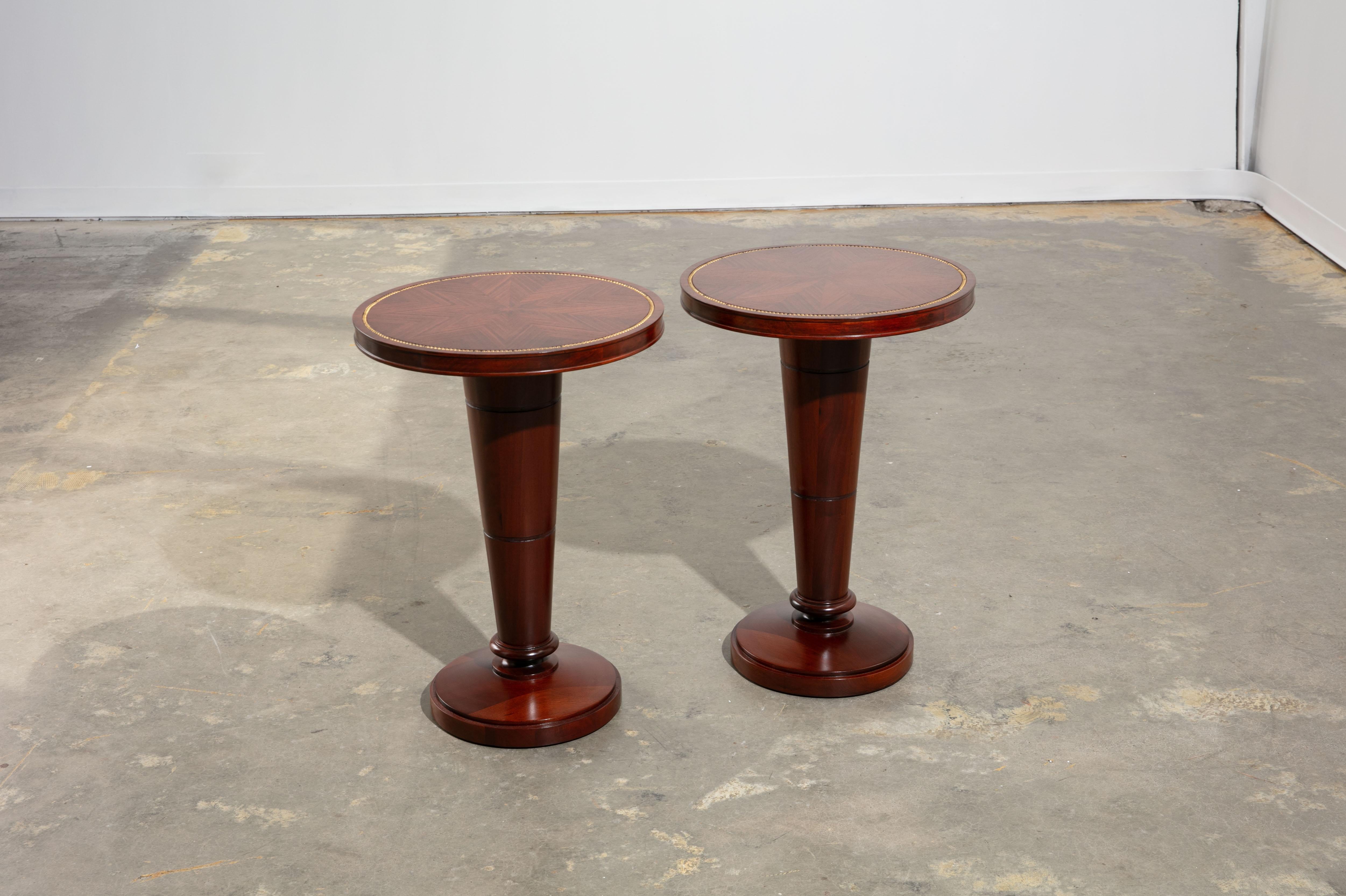 Pair of Refinished 1940's Mahogany Gueridons/Side Tables with Bead Inlay For Sale 1