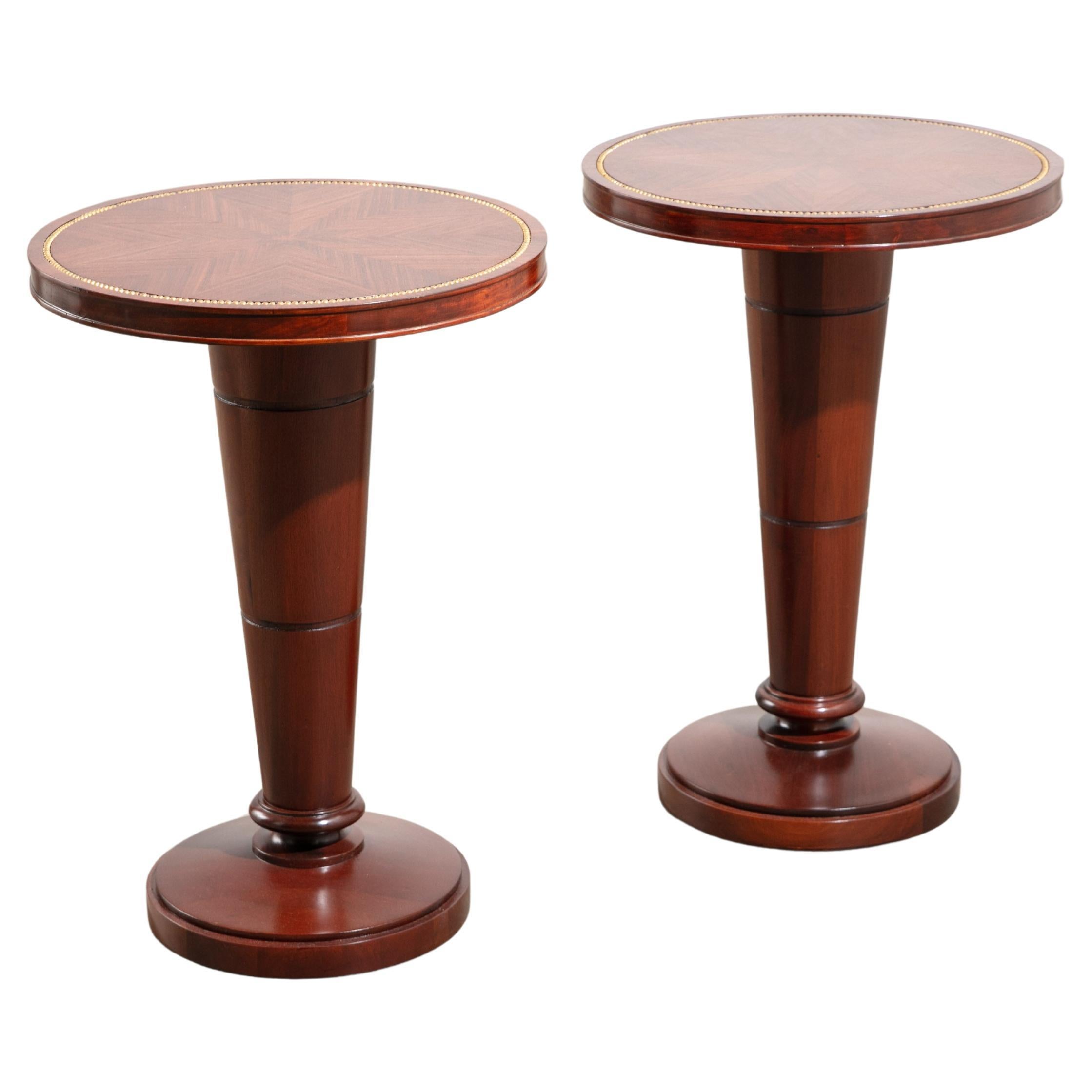Pair of Refinished 1940's Mahogany Gueridons/Side Tables with Bead Inlay For Sale