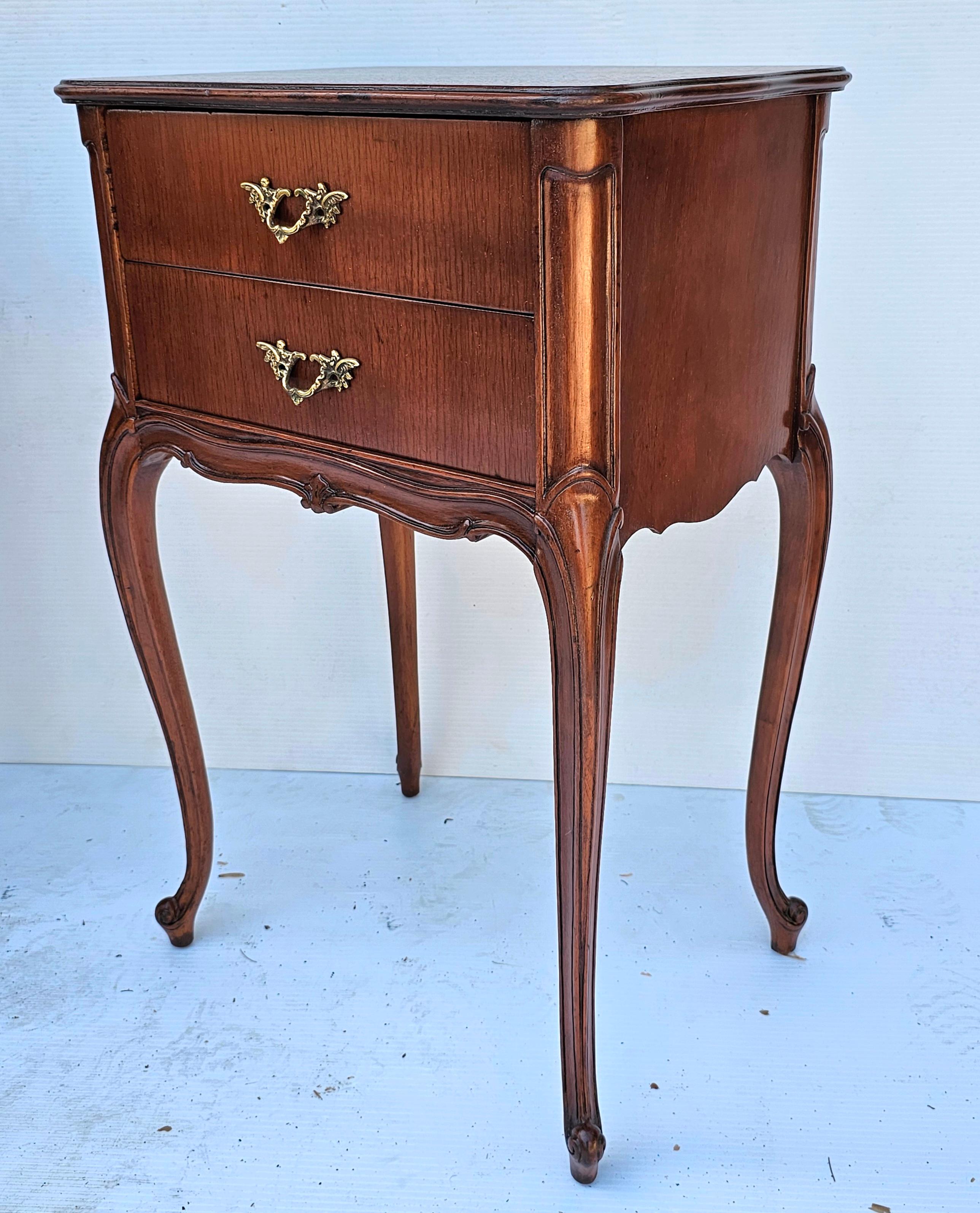 Brass Pair of Refinished French Louis XV Style Fruitwood Two-Drawer Bedside Tables