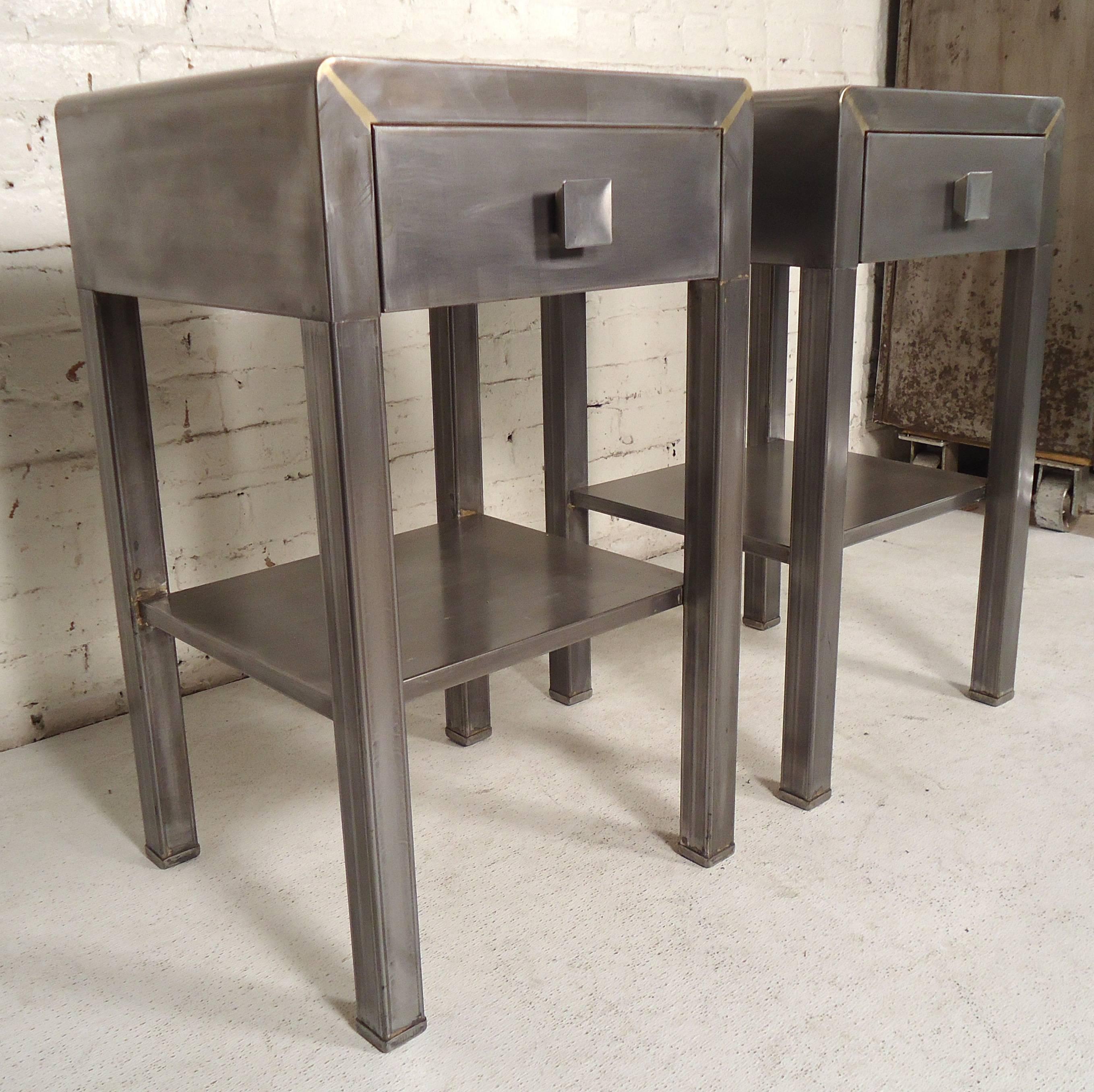 Industrial metal side tables by Simmons, restored in a bare metal style finish. Simple design with drawer and bottom shelf.

(Please confirm item location - NY or NJ - with dealer).
 
