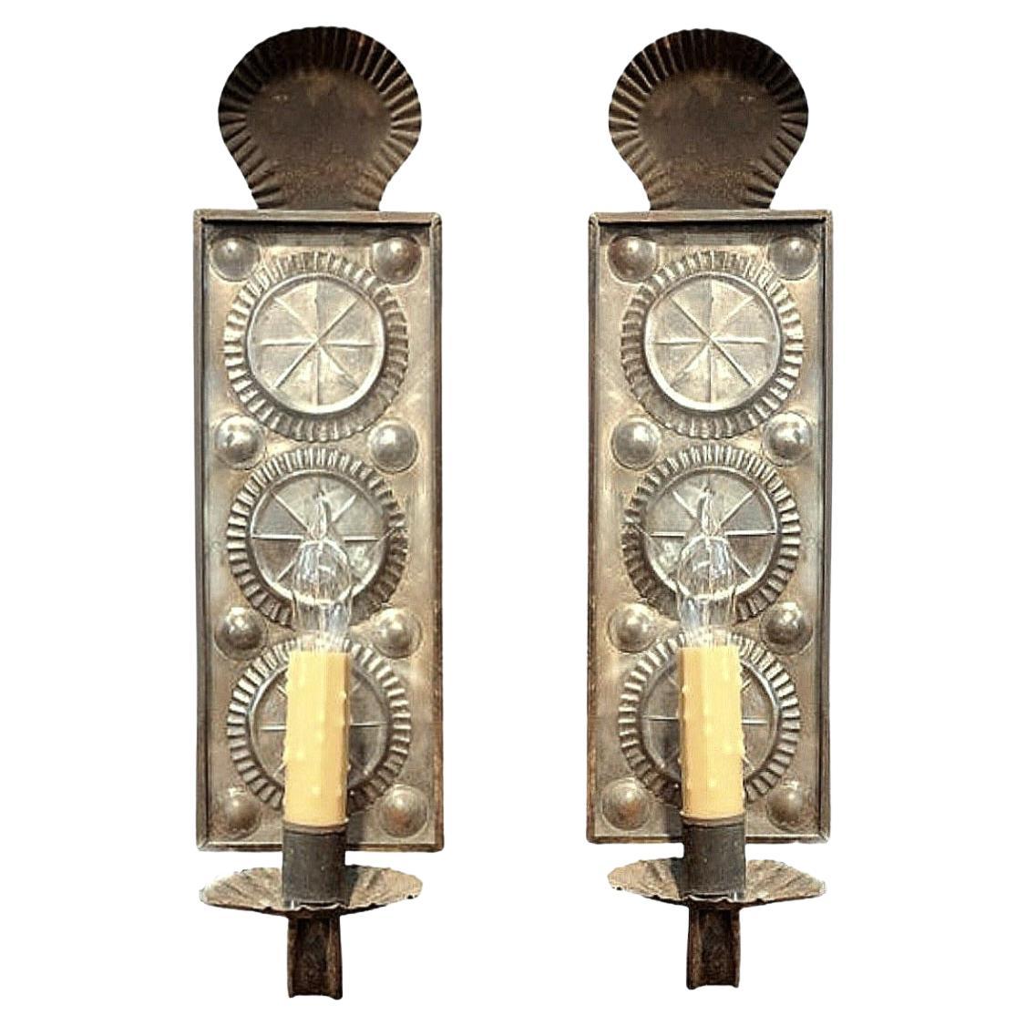 Pair of Reflector Wall Sconces in Pewter and Tin
