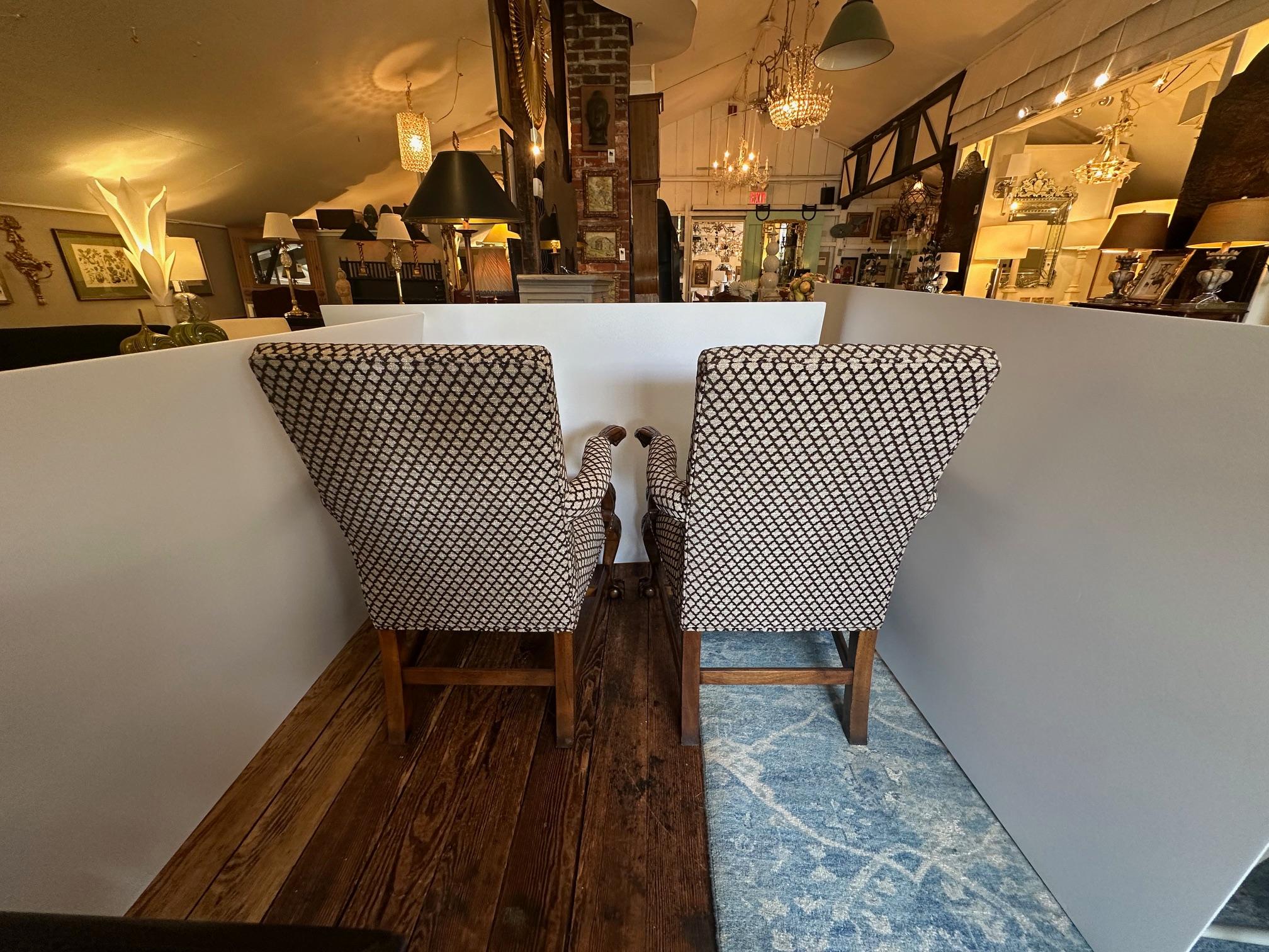 American Pair of Regal Upholstered Armchairs by Baker with Eagle Arms