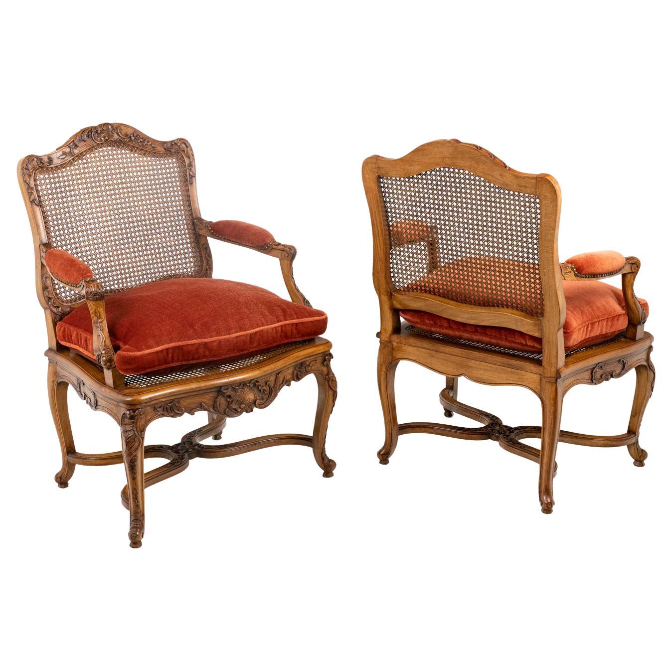 Pair of Regence Style Armchairs in Beech and Cane, Twentieth Century For Sale