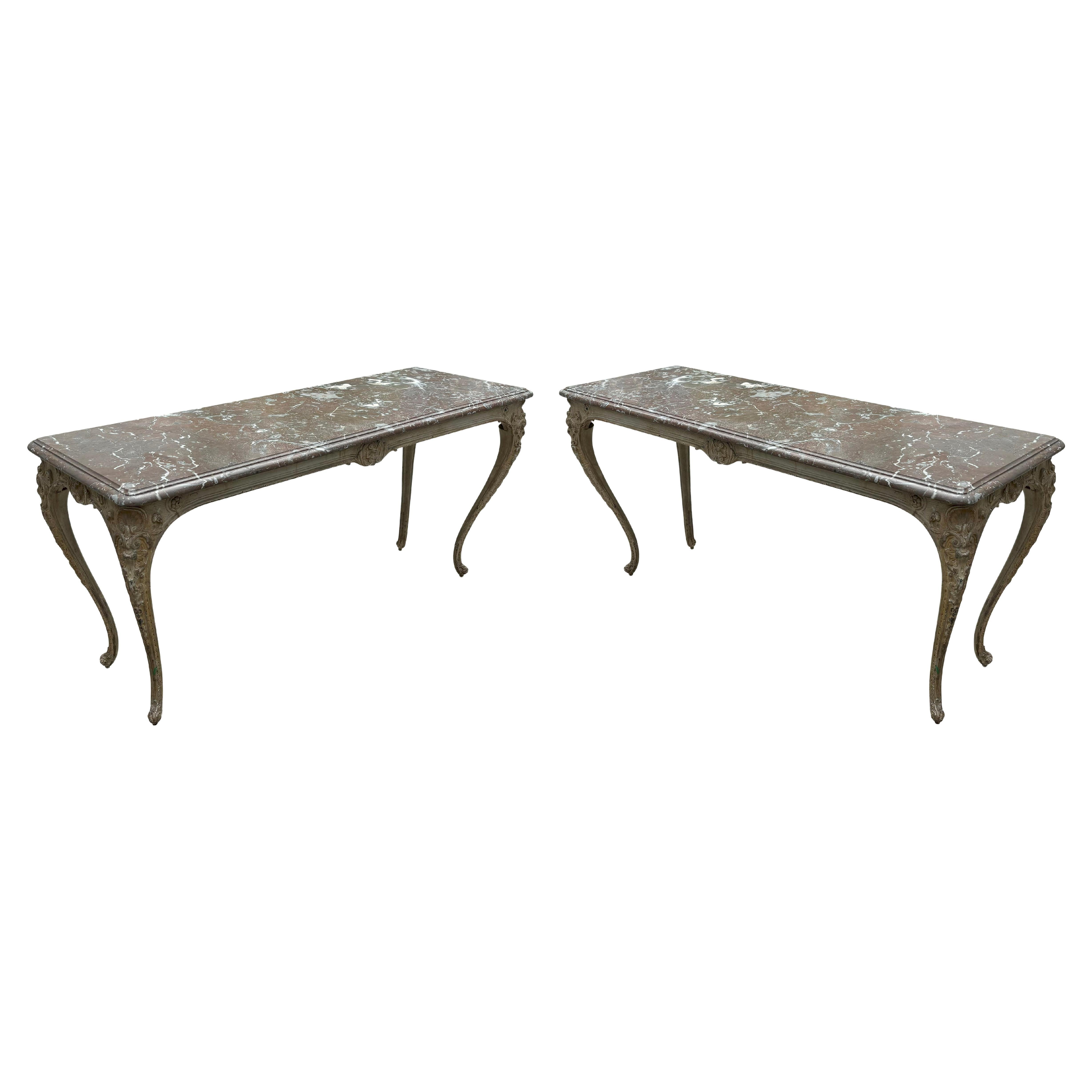 Pair Of Regence Style Cast Iron Marble Top Tables For Sale