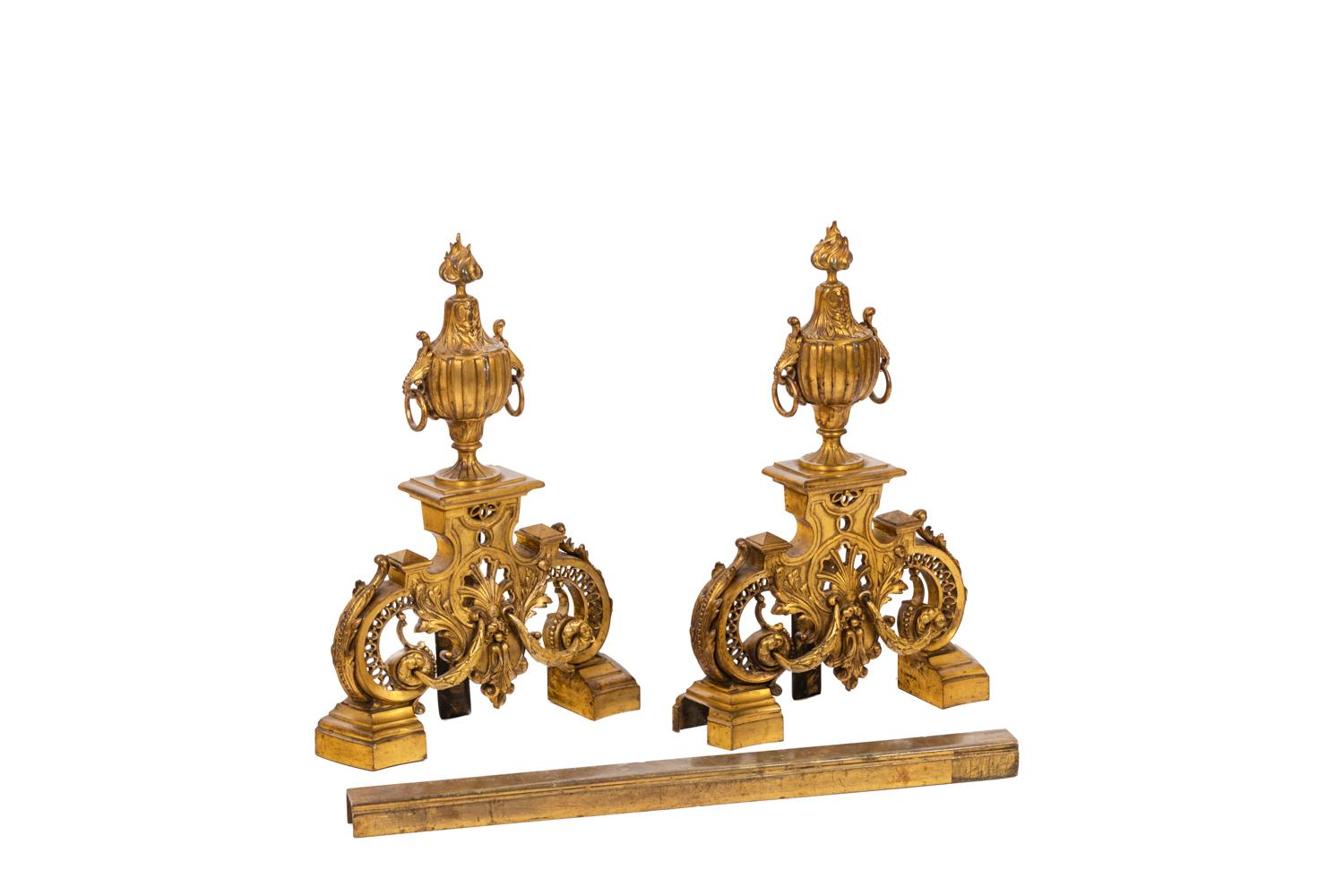 European Pair of Regence Style Firedogs in Gilt Bronze, circa 1880 For Sale