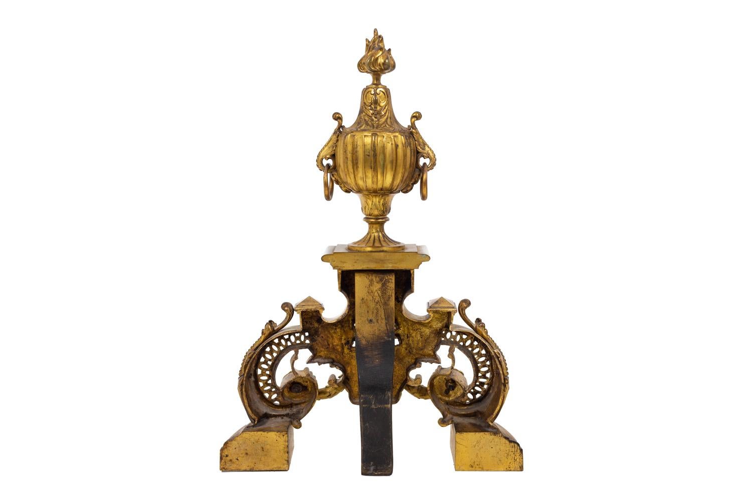 Late 19th Century Pair of Regence Style Firedogs in Gilt Bronze, circa 1880 For Sale