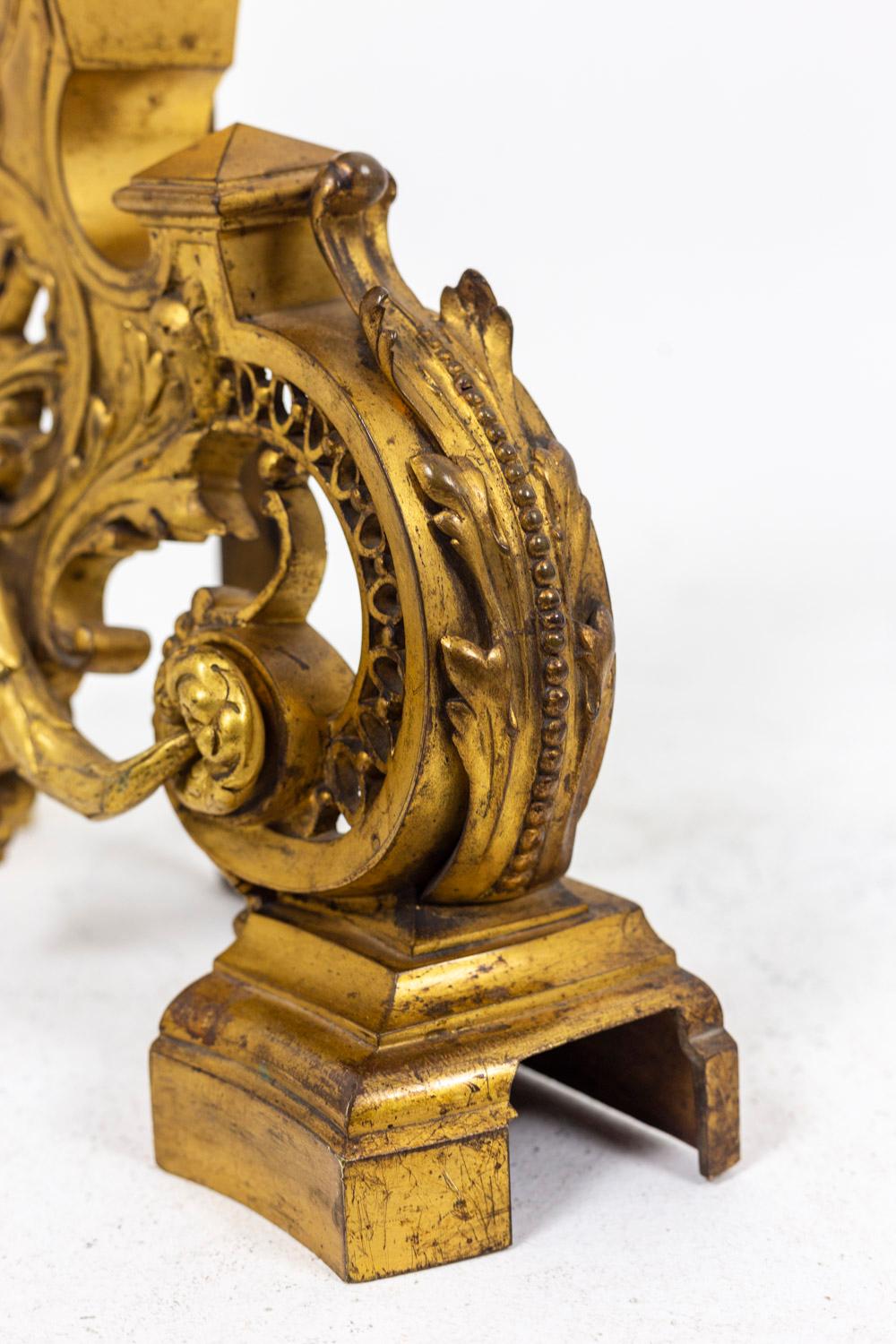 Pair of Regence Style Firedogs in Gilt Bronze, circa 1880 For Sale 4