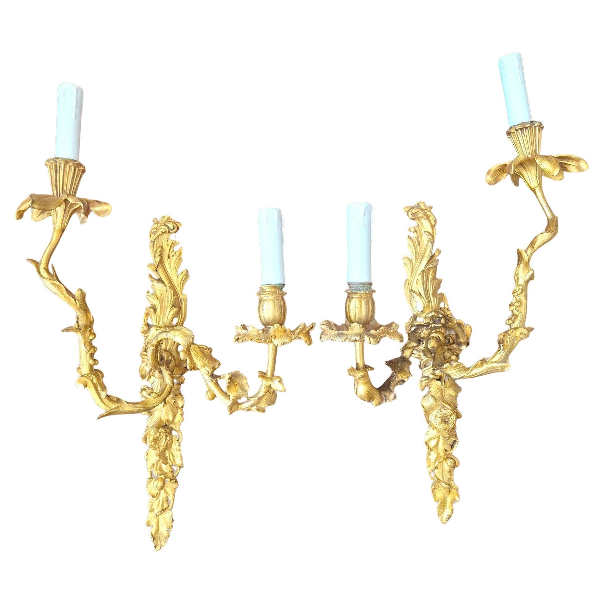 Pair of Régence-Style Gilt Bronze Two-Lights Wall Sconces, 19th century