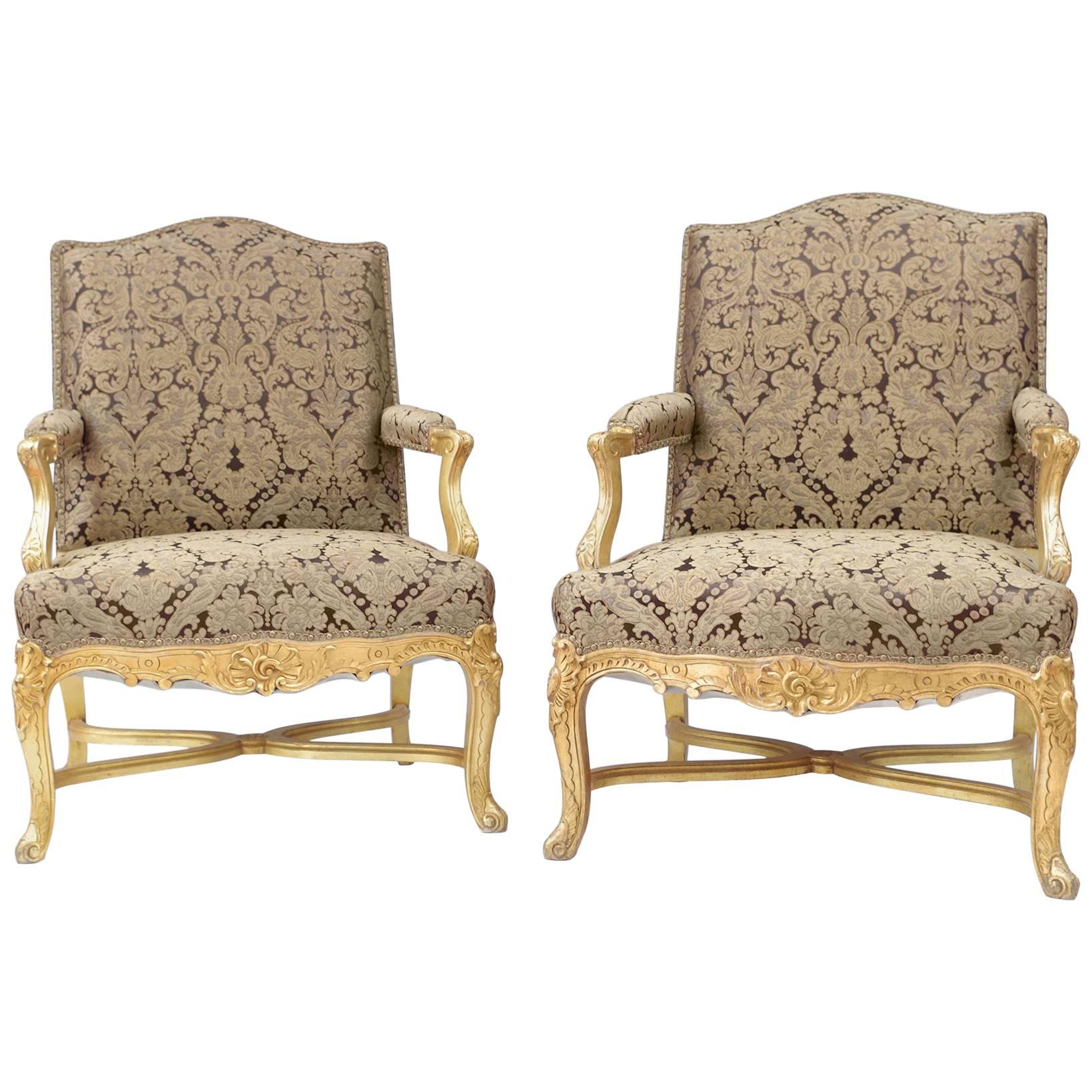 Pair of Regence Style Giltwood High Back Armchairs, circa 1970