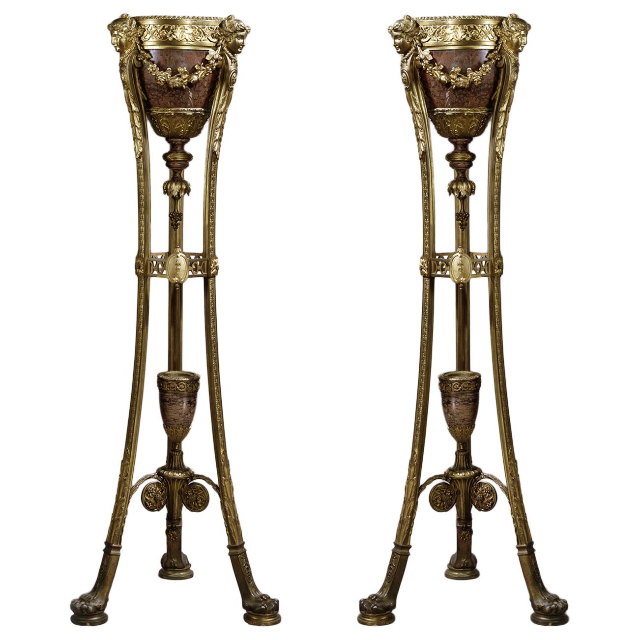 Pair of Regence Style Rouge Griotte Marble Jardinières on Stands, circa 1870 For Sale