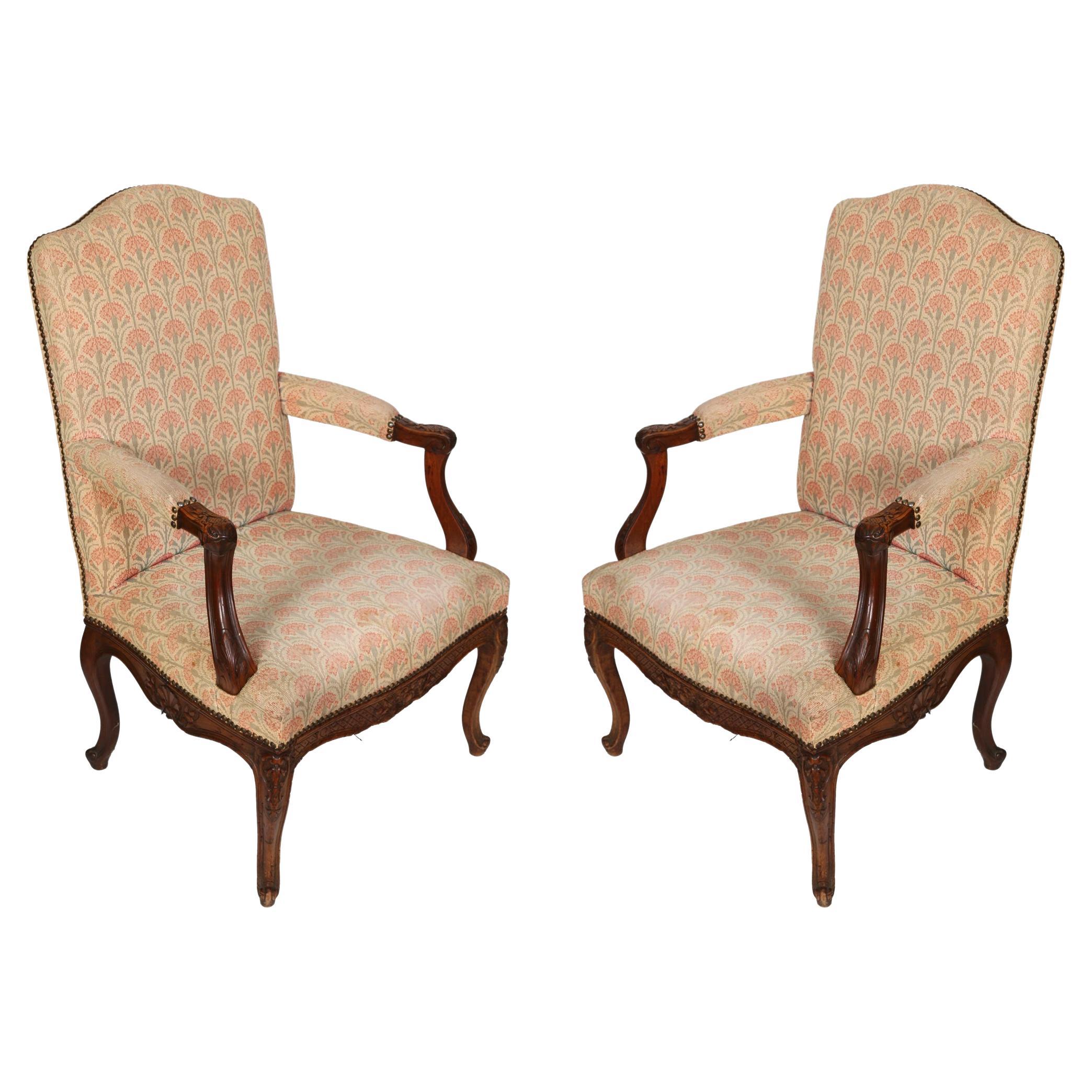 Pair of Regence Walnut Fauteuils in Carnation Petit Point Tapestry