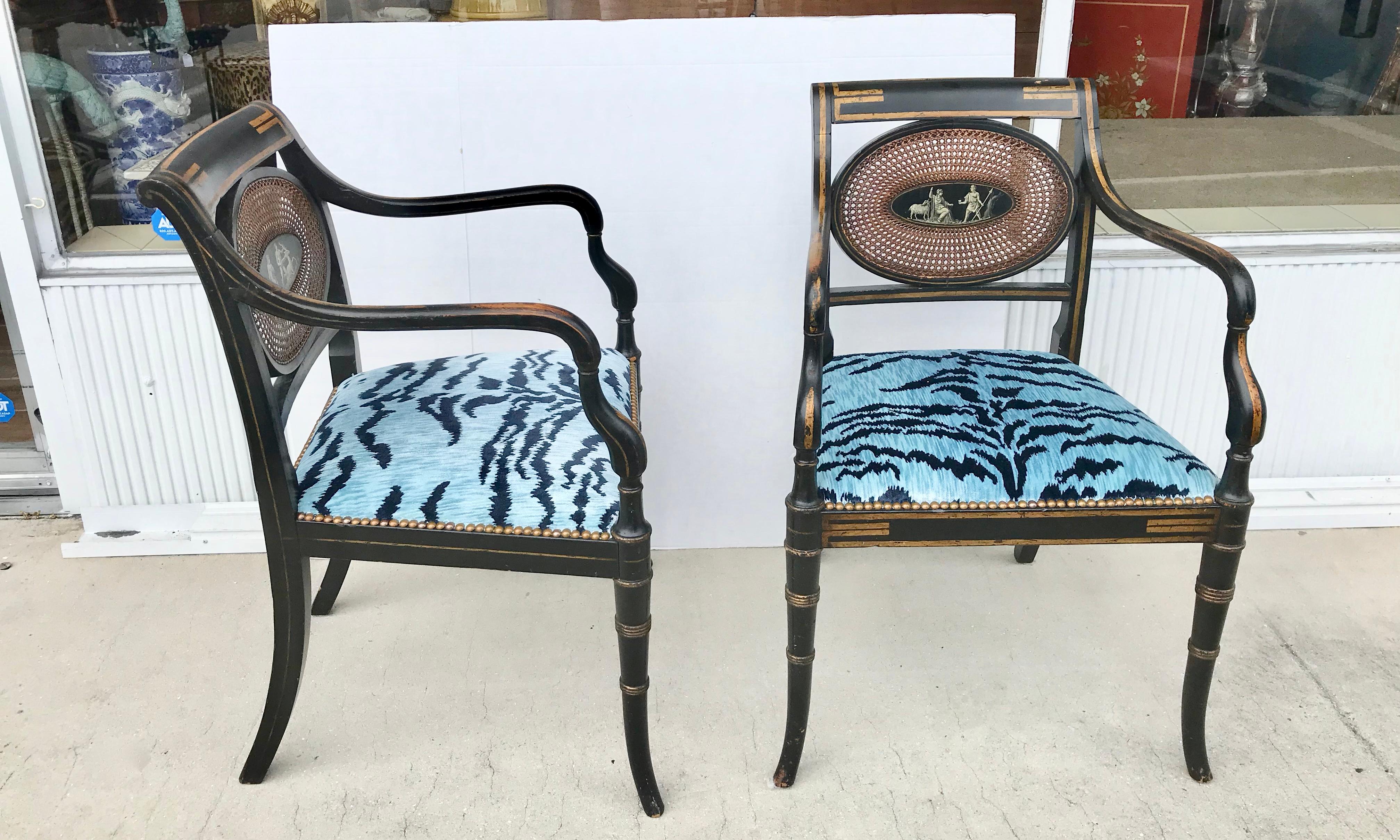 Neoclassical Pair of Regency Armchairs with Bevilacqua Blue Tiger Velvet