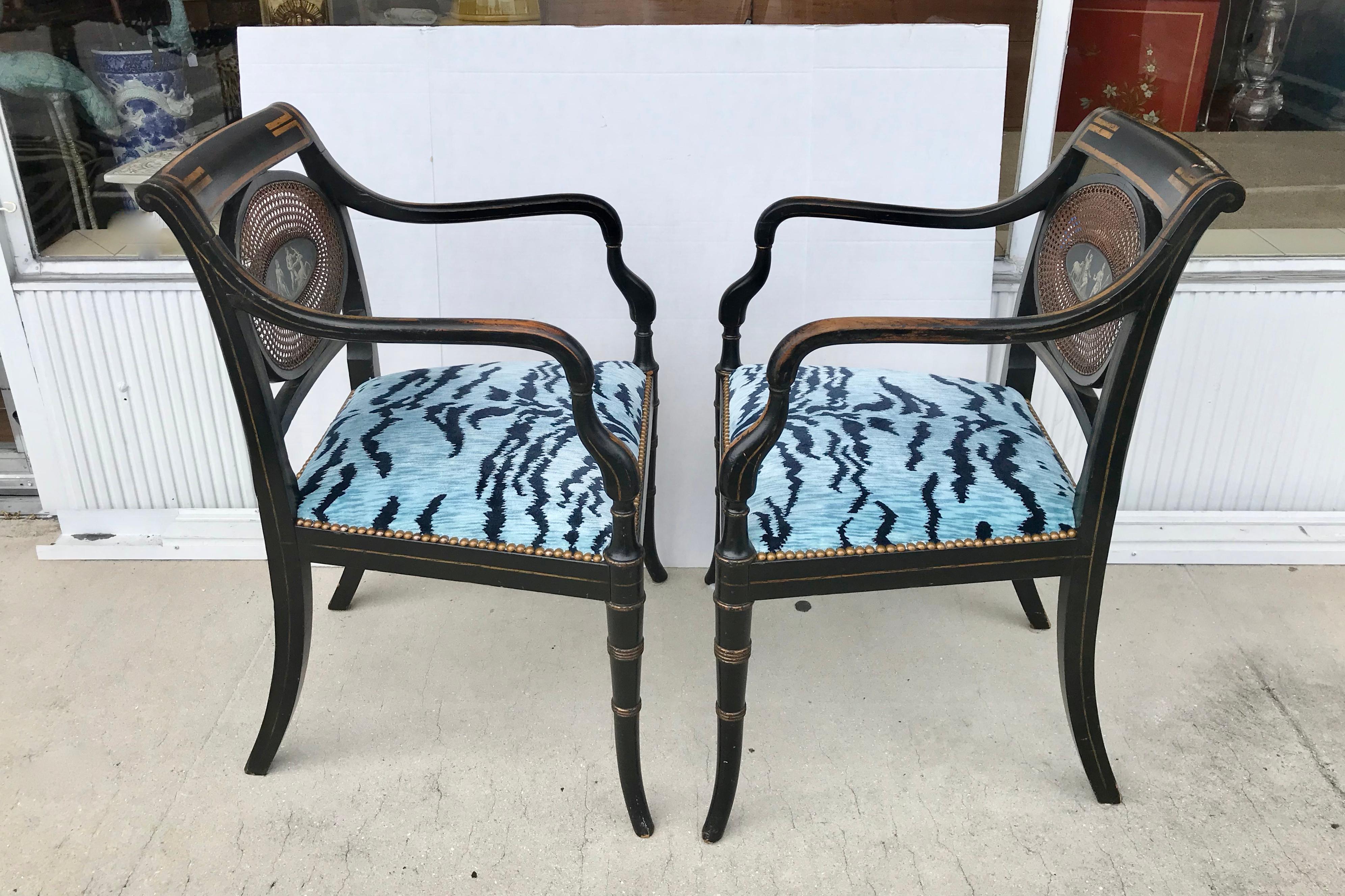 English Pair of Regency Armchairs with Bevilacqua Blue Tiger Velvet