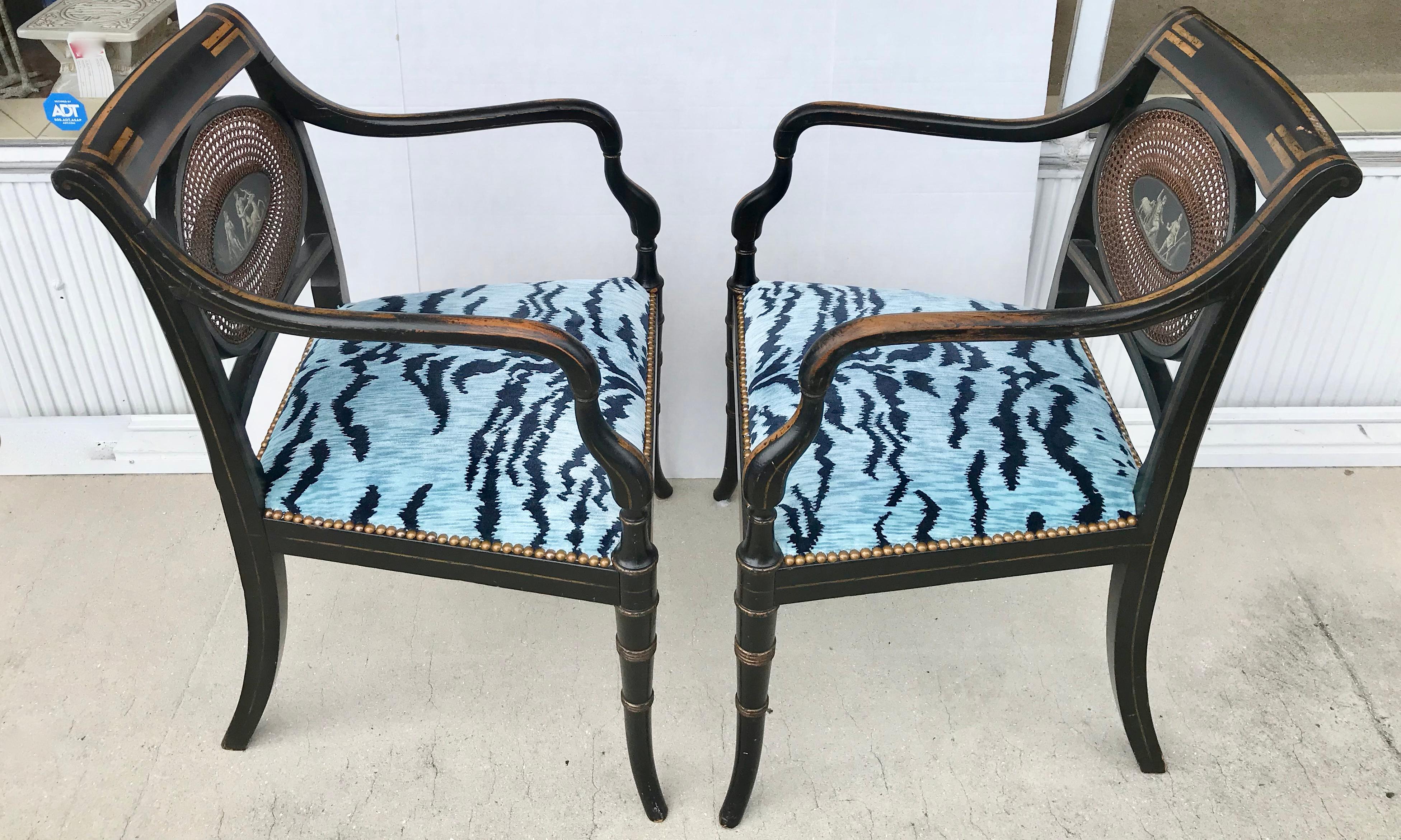 Pair of Regency Armchairs with Bevilacqua Blue Tiger Velvet In Good Condition In West Palm Beach, FL