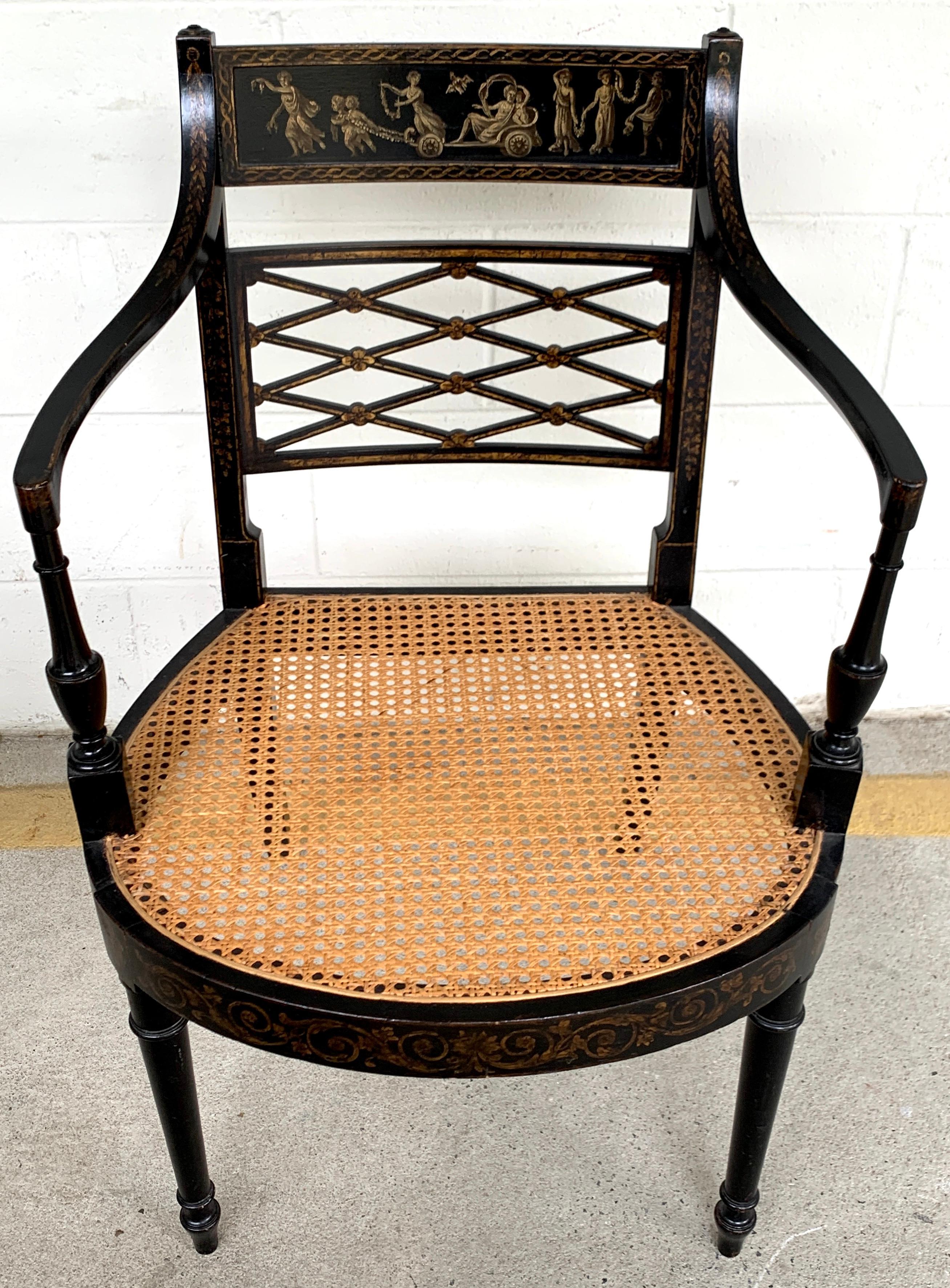 Pair of Regency Black and Polychrome Cane Seat Armchairs 4