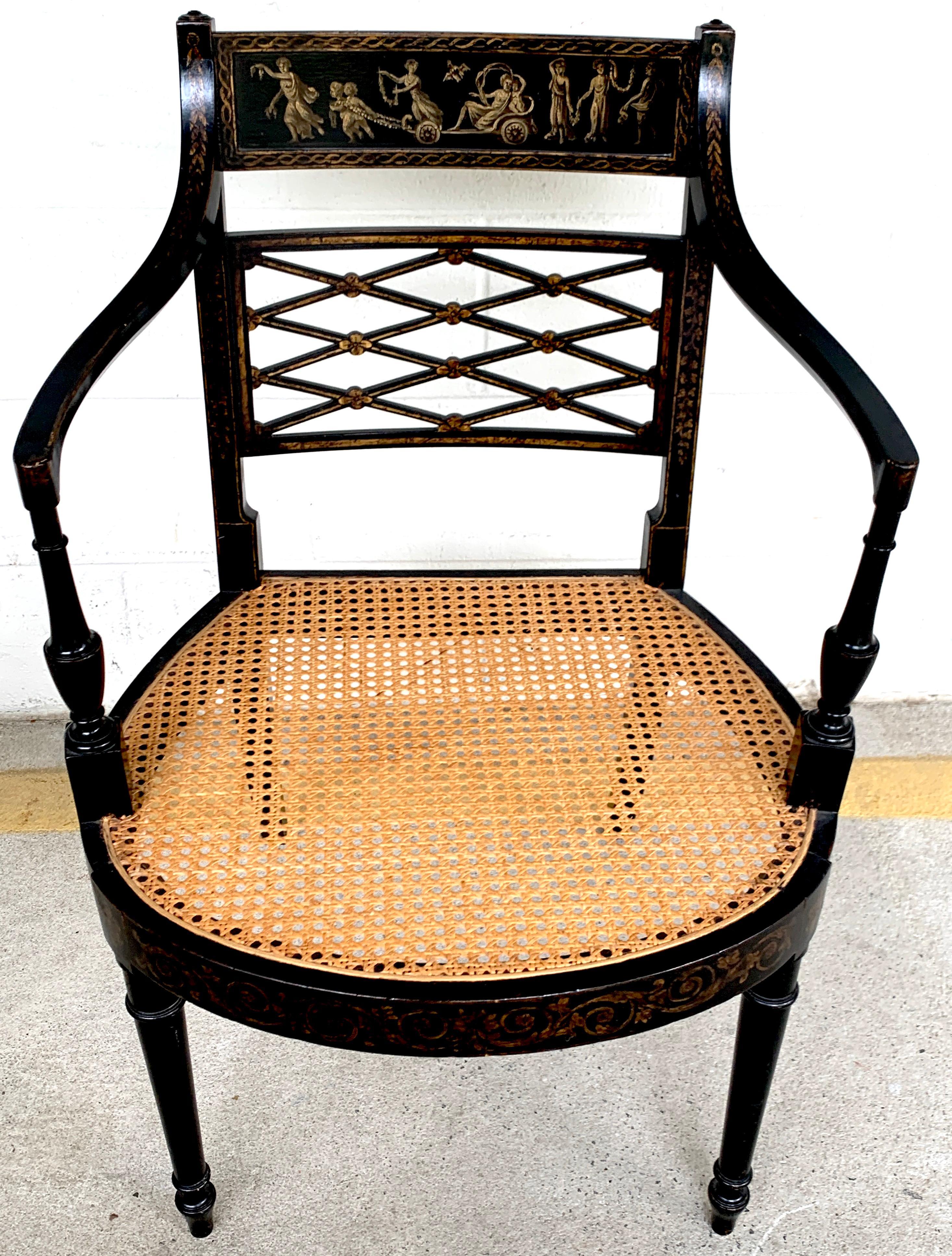 Pair of Regency Black and Polychrome Cane Seat Armchairs 5
