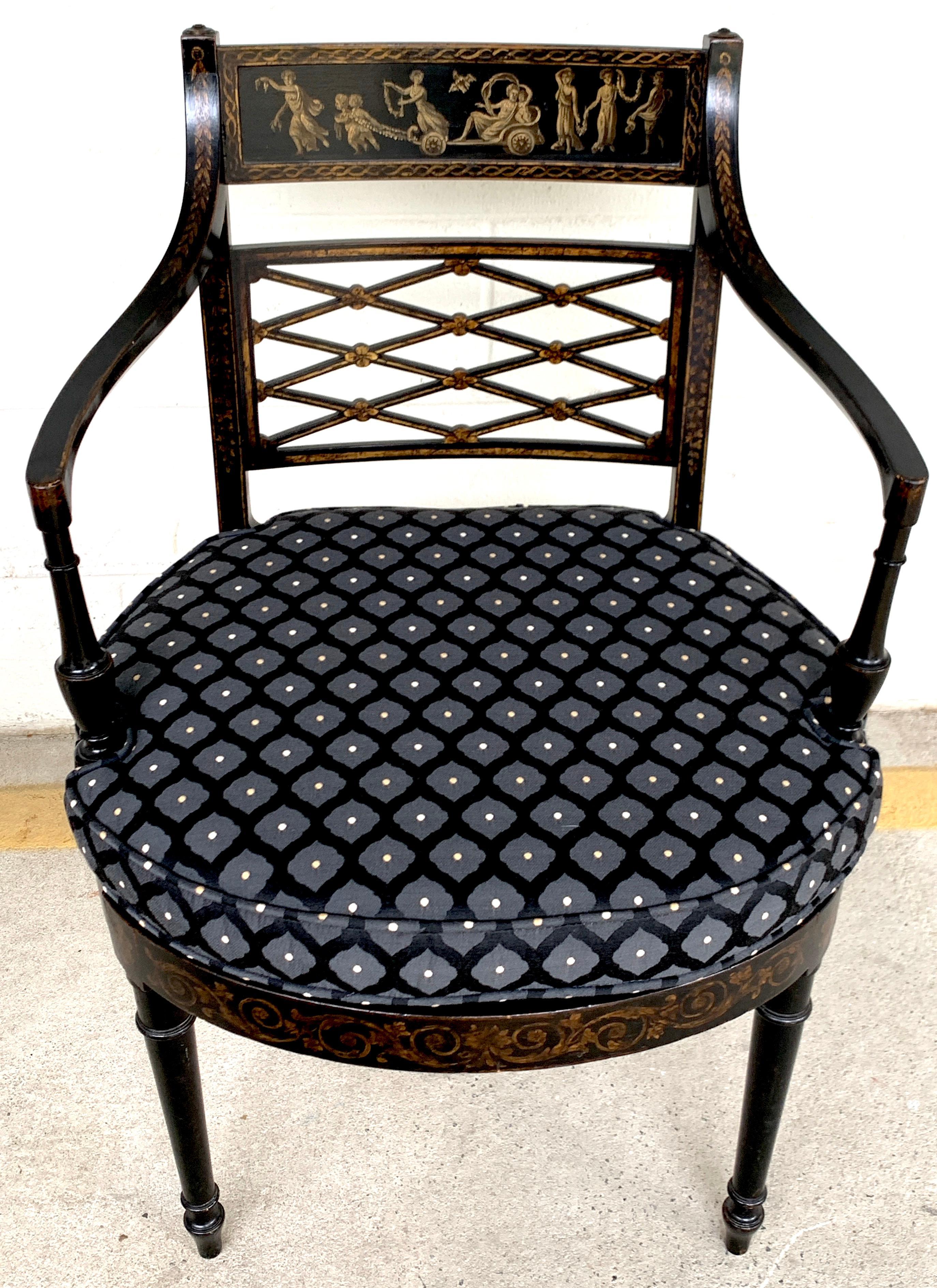 Pair of Regency Black and Polychrome Cane Seat Armchairs 6