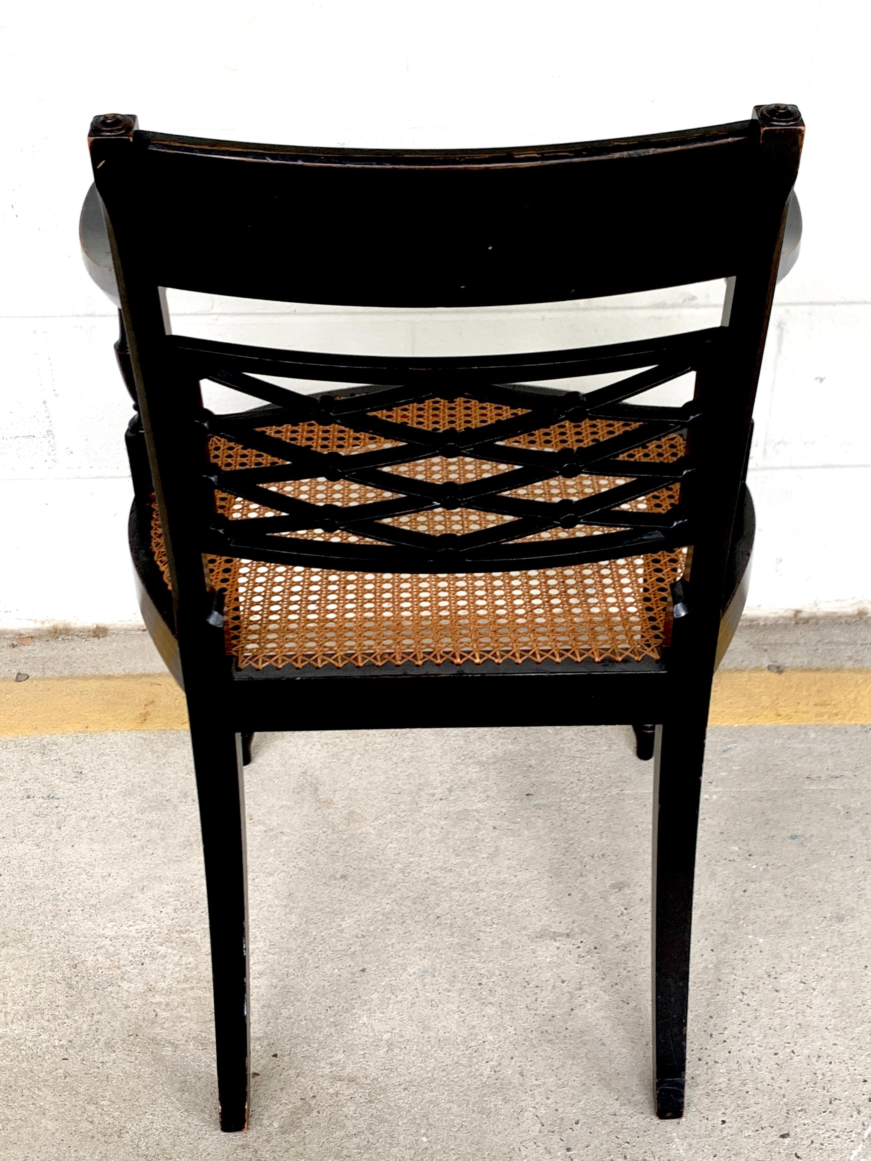Polychromed Pair of Regency Black and Polychrome Cane Seat Armchairs