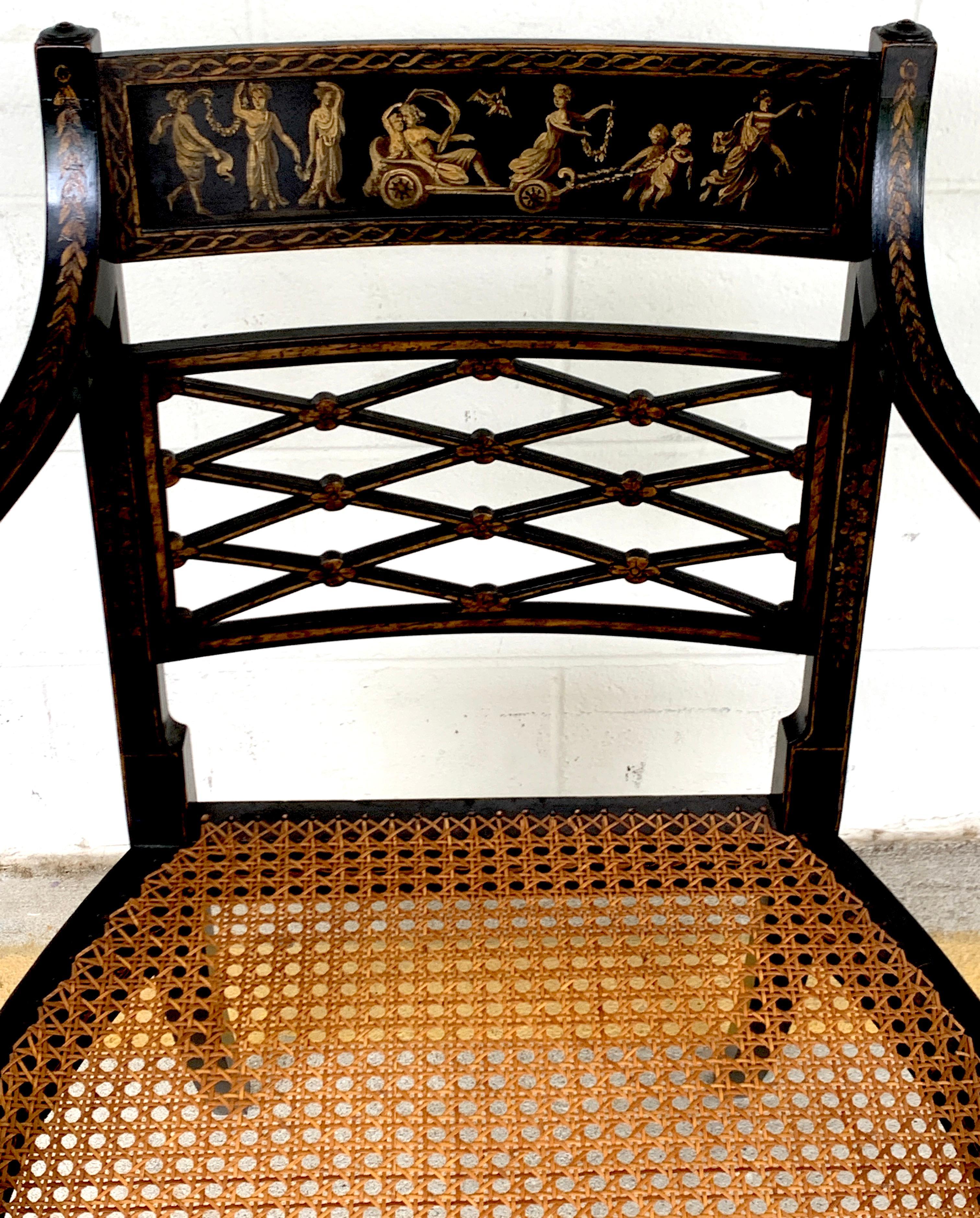 19th Century Pair of Regency Black and Polychrome Cane Seat Armchairs