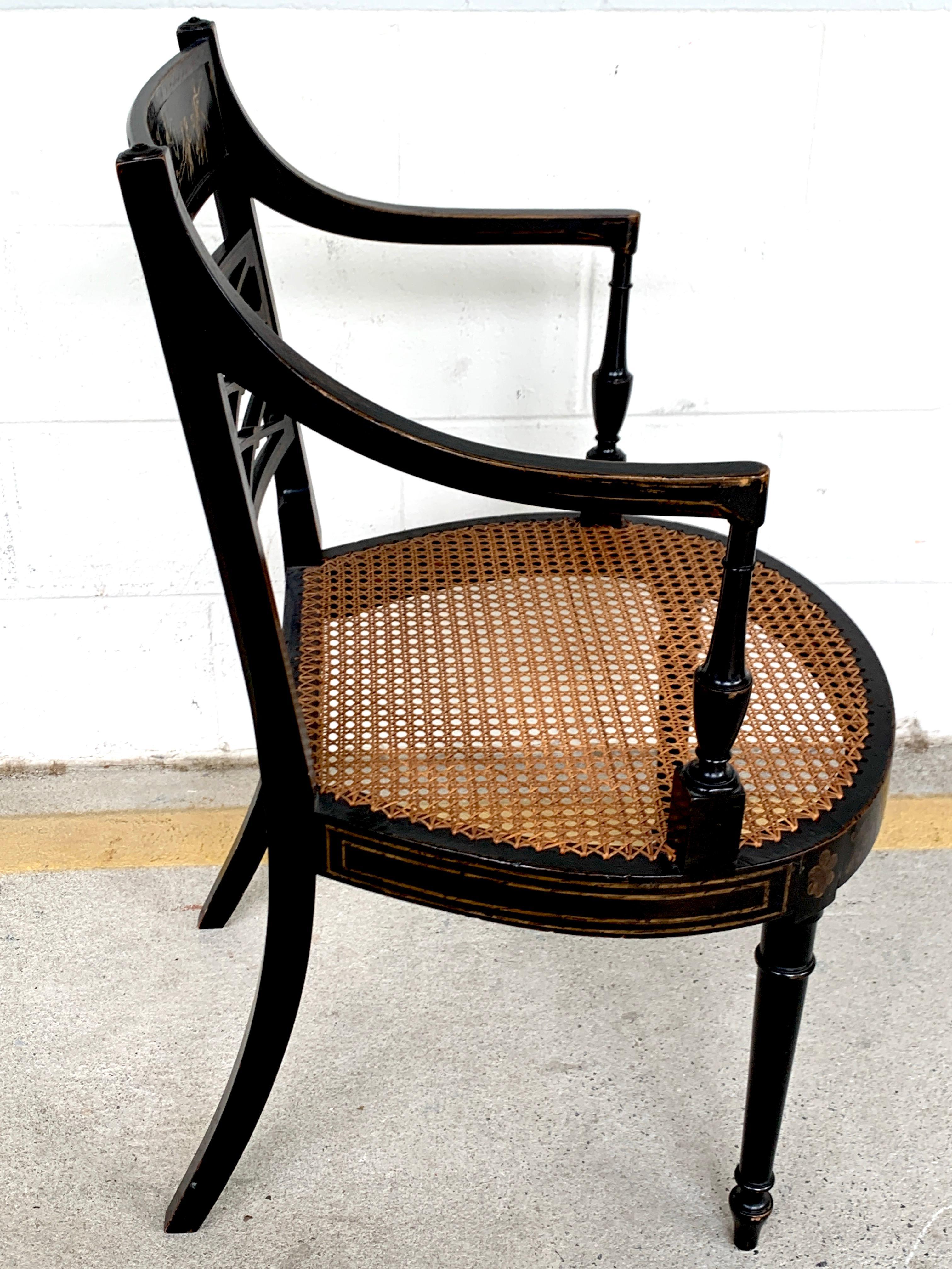 Pair of Regency Black and Polychrome Cane Seat Armchairs 2