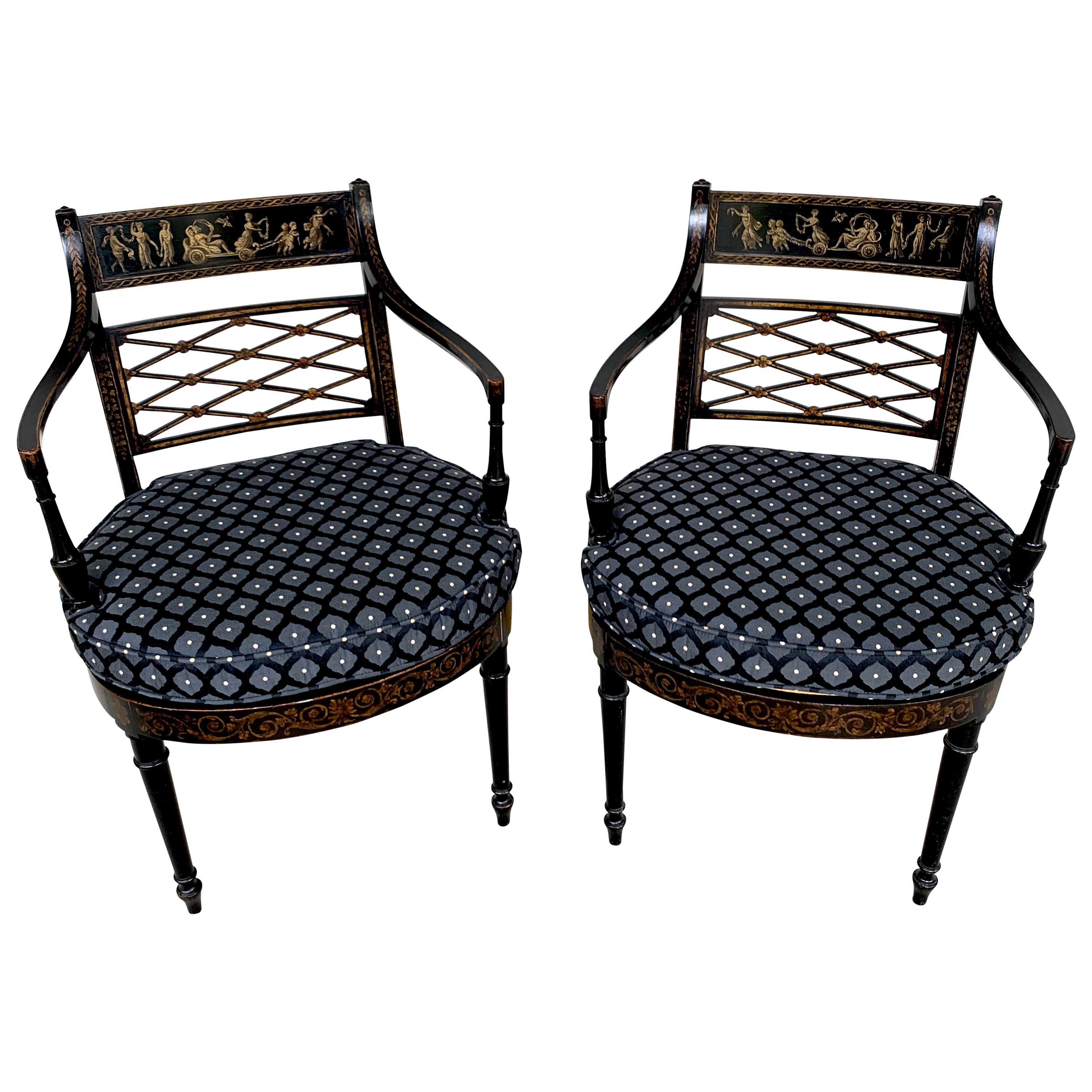 Pair of Regency Black and Polychrome Cane Seat Armchairs For Sale