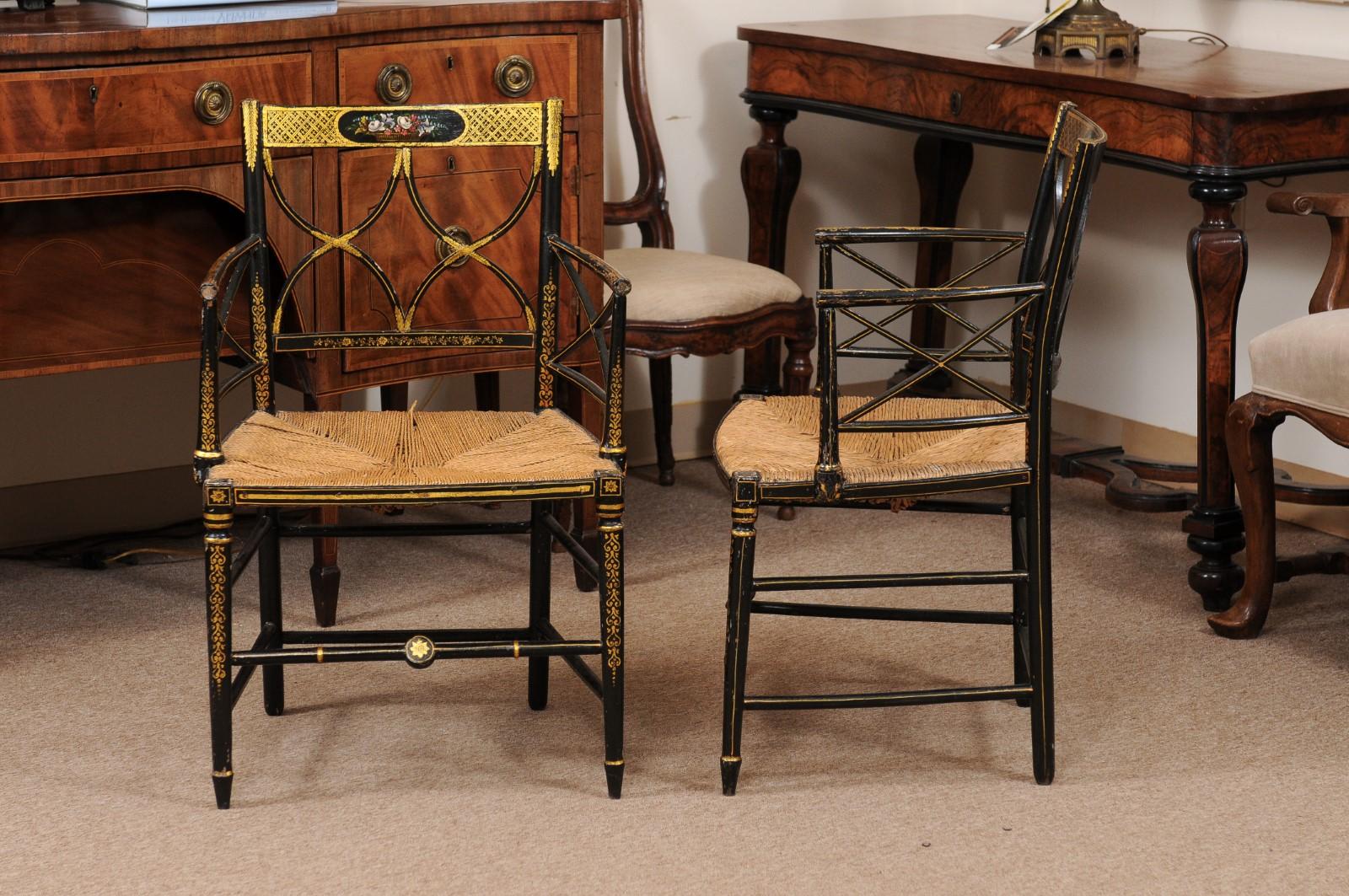  Pair of Regency Black Painted Arm Chairs with Floral Decoration & Rush Seats For Sale 4