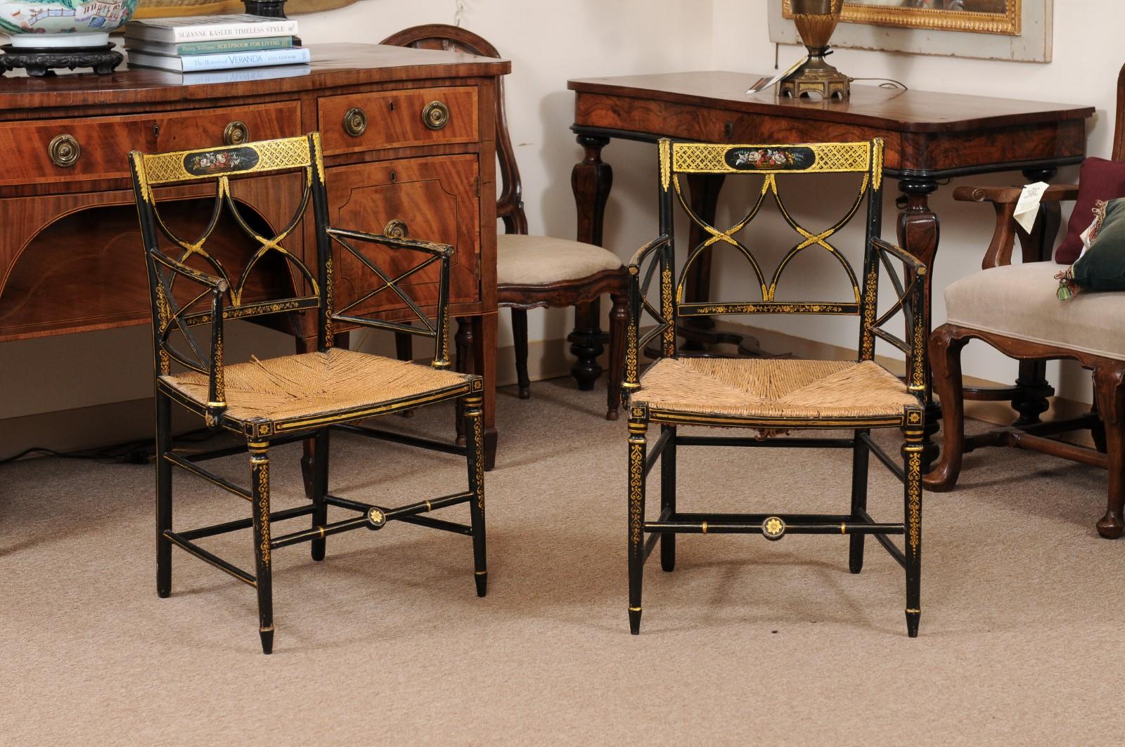 Pair of Regency Black Painted Arm Chairs with Floral Decoration & Rush Seats, England ca. 1820