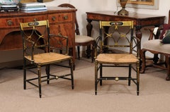 Pair of Regency Black Painted Arm Chairs with Floral Decoration & Rush Seats