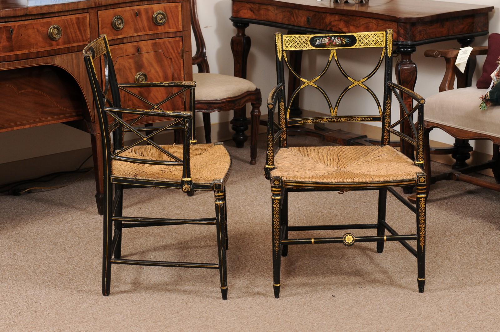  Pair of Regency Black Painted Arm Chairs with Floral Decoration & Rush Seats In Good Condition For Sale In Atlanta, GA