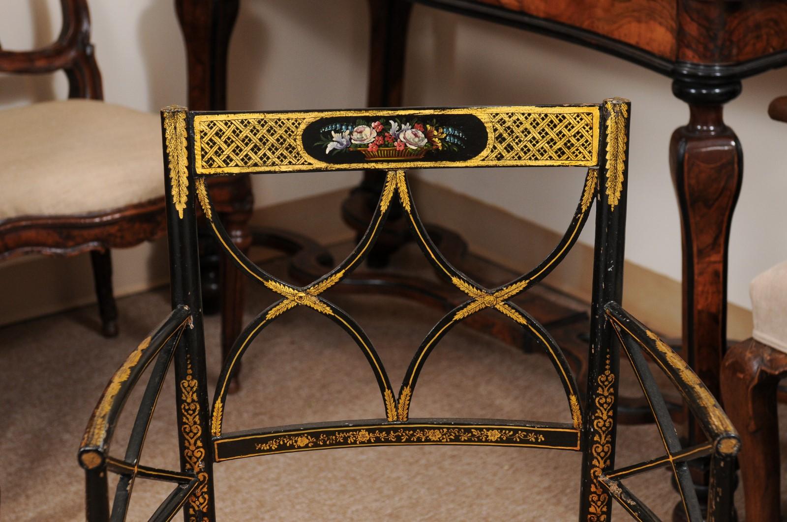 Wood  Pair of Regency Black Painted Arm Chairs with Floral Decoration & Rush Seats For Sale