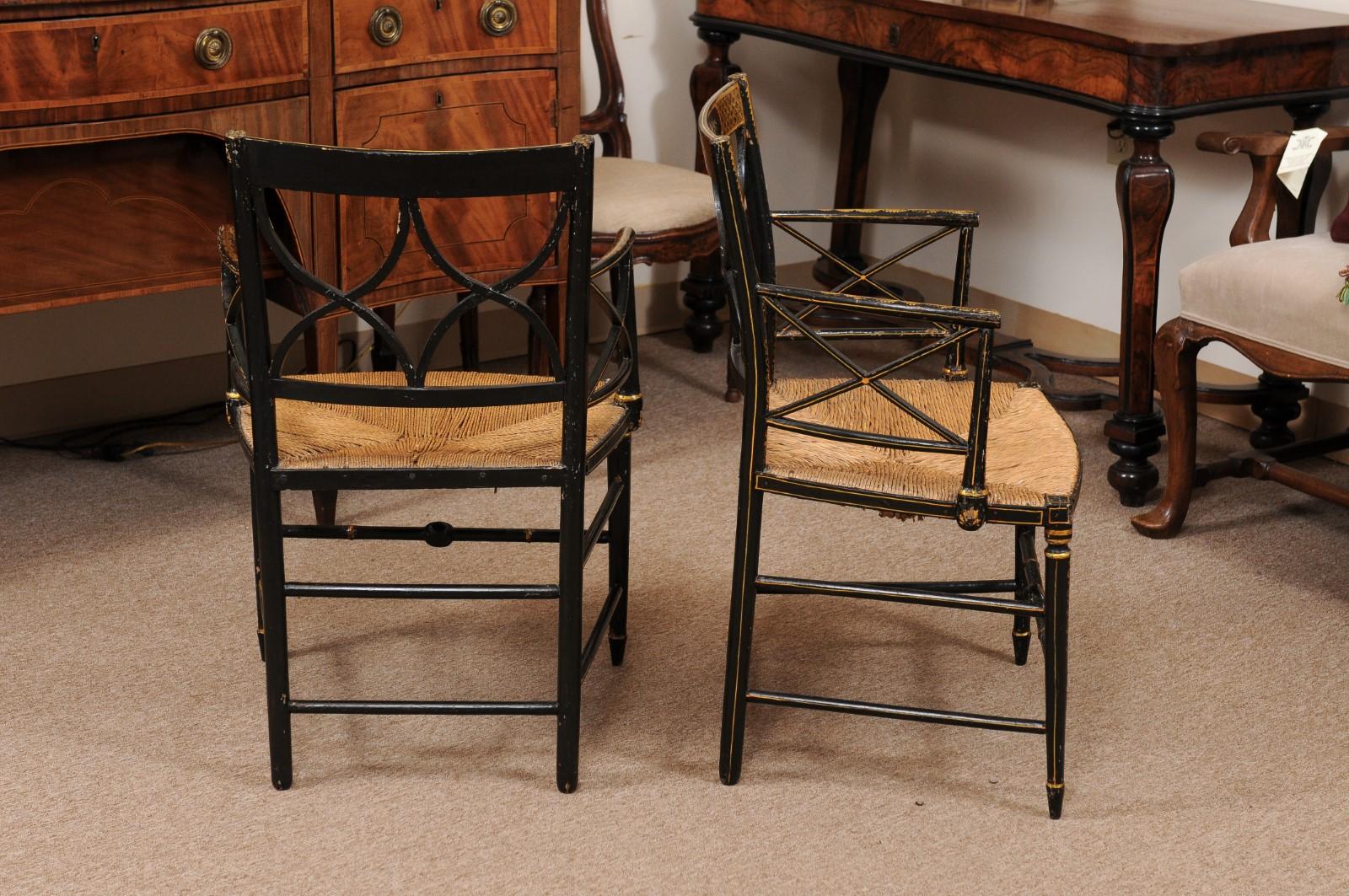  Pair of Regency Black Painted Arm Chairs with Floral Decoration & Rush Seats For Sale 2