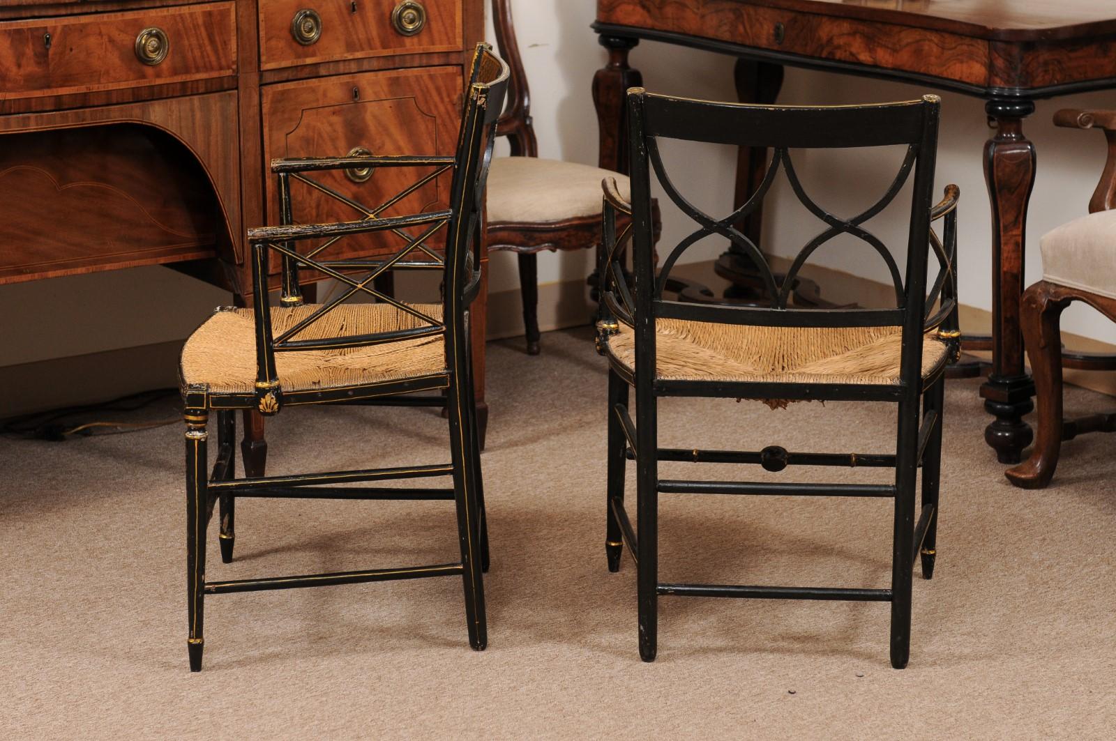  Pair of Regency Black Painted Arm Chairs with Floral Decoration & Rush Seats For Sale 3